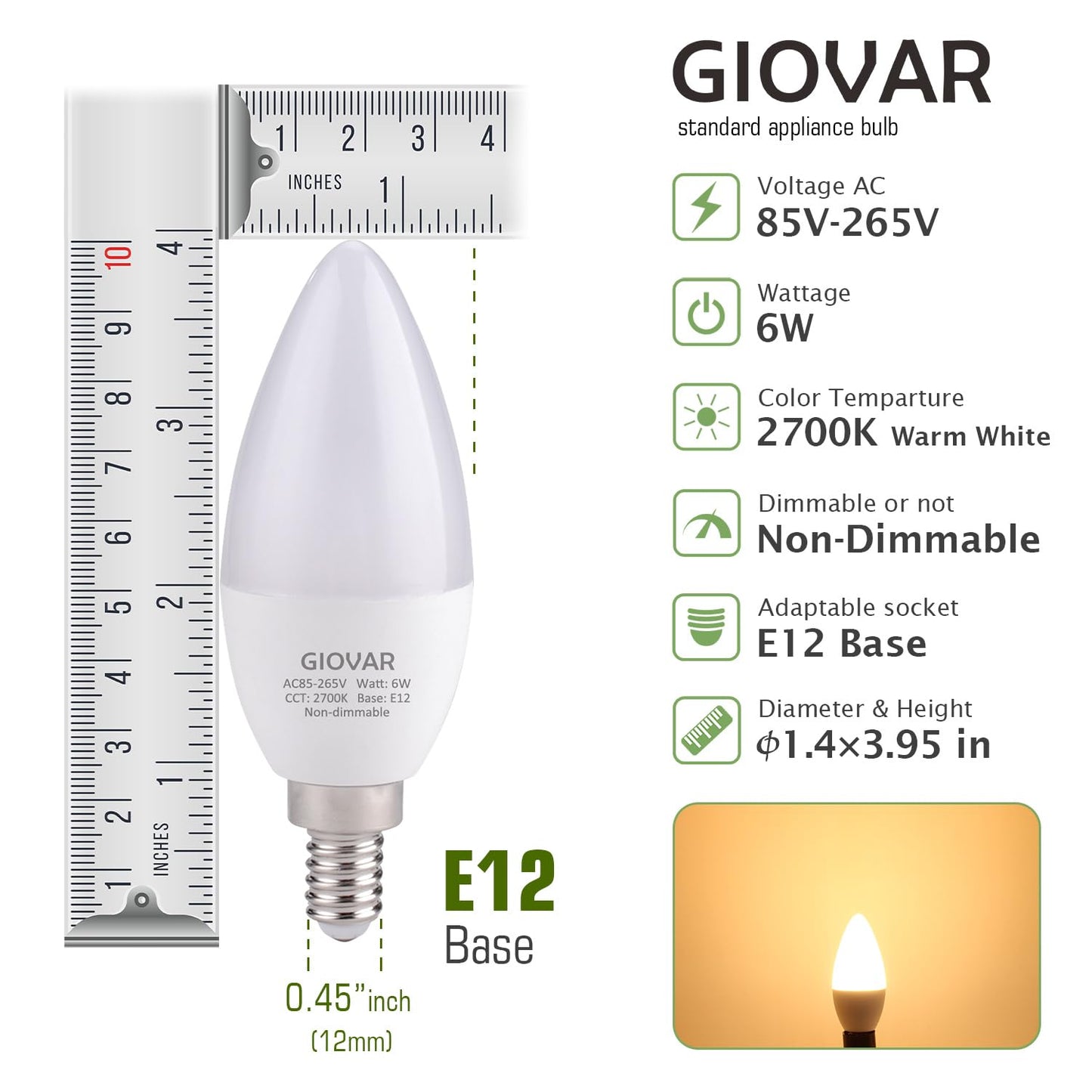 GIOVAR 12-Pack Candelabra LED Light Bulbs, 60 Watt Equivalent, Warm White 2700K, Light Bulbs for Chandelier/Wall Sconces Small Base, 120V, Type B, Non-Dimmable