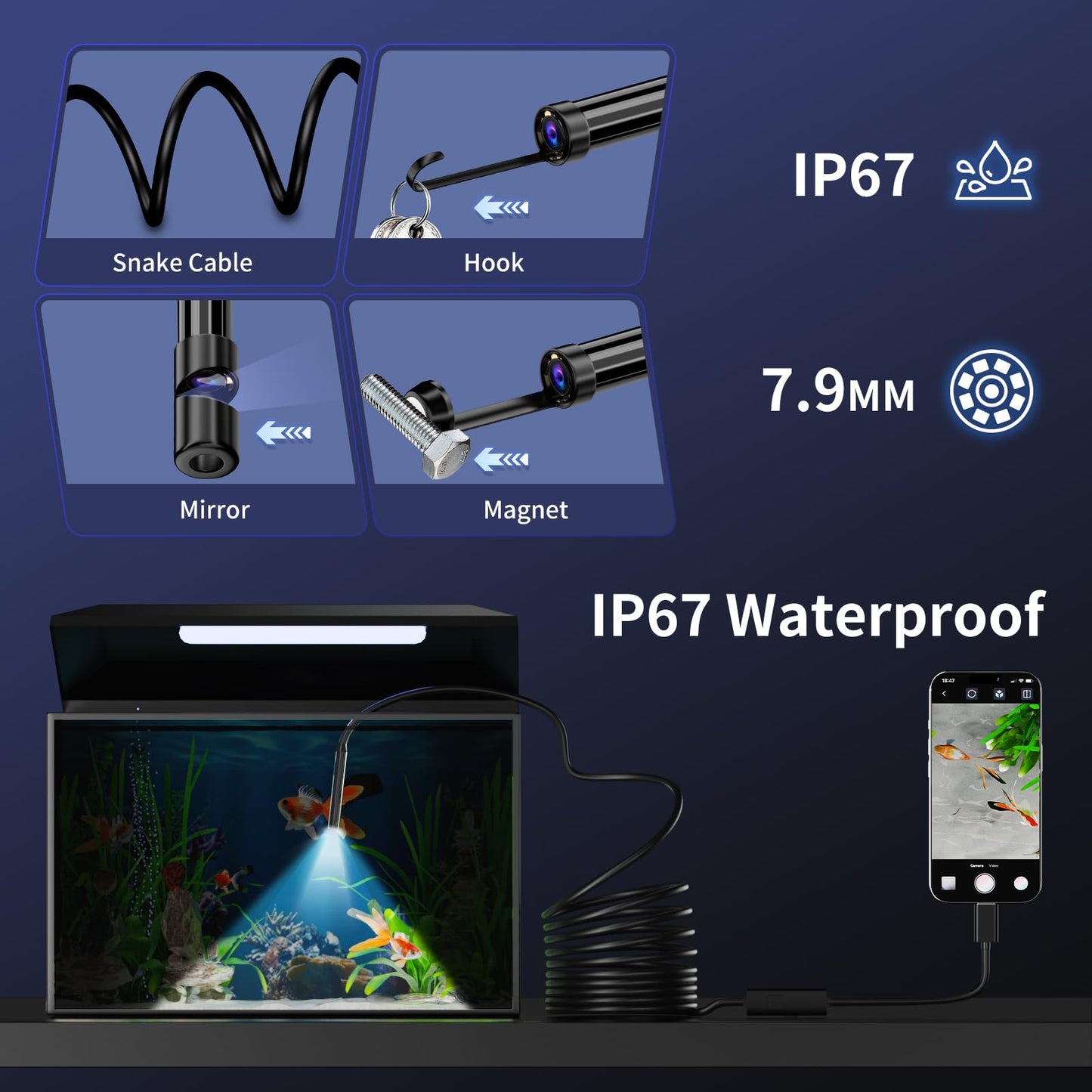 CTEOUNPT Endoscope Camera with Light, 1920P HD Borescope Inspection Camera with 8 Adjustable LEDs, IP67 Waterproof Semi-Rigid Snake Cable for Android, iPhone, and iPad(32.8ft, Single Lens)
