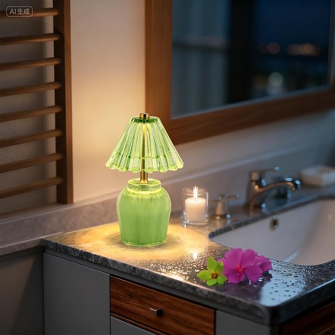 Small Battery Operated Lamp with Timer, Tiny Cordless Glass Table Lamp for Home Decor, Kitchen, Bathroom, Birthday Gift for Women, Cream Green