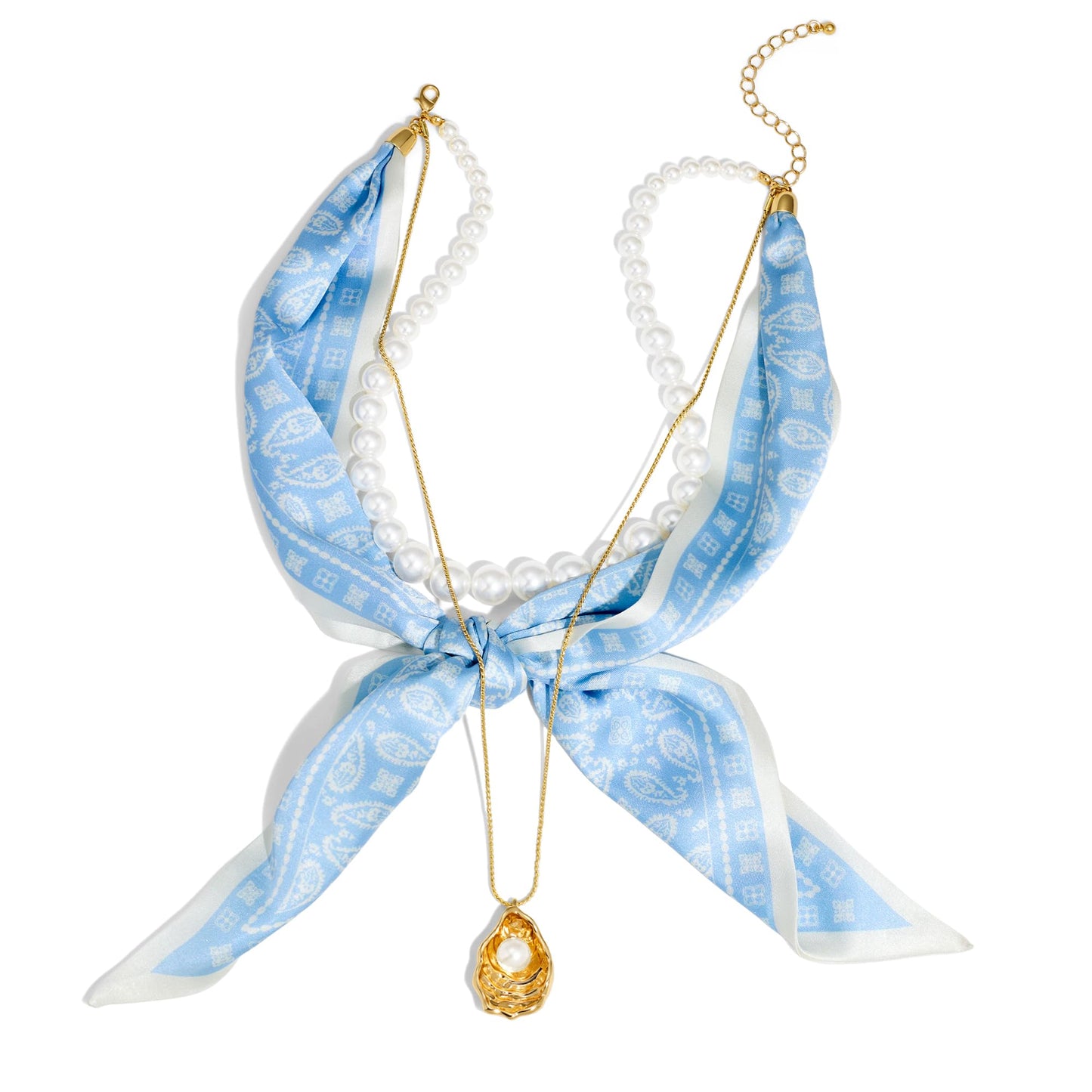ENSKEFEN Chunky Statement Three-Layer Necklaces for Women Trendy Boho Scarf Necklace with Pearl Choker Gold Shell Pendant Necklace Summer Beach Jewelry