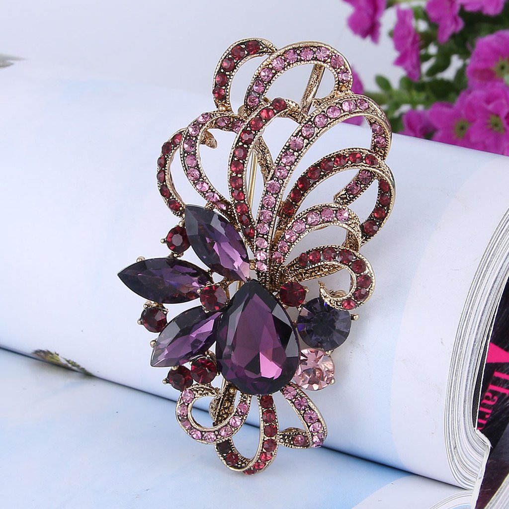 EVER FAITH Antique Gold-Tone Austrian Crystal Flower Ribbon Teardrop Brooch Pendant Purple
