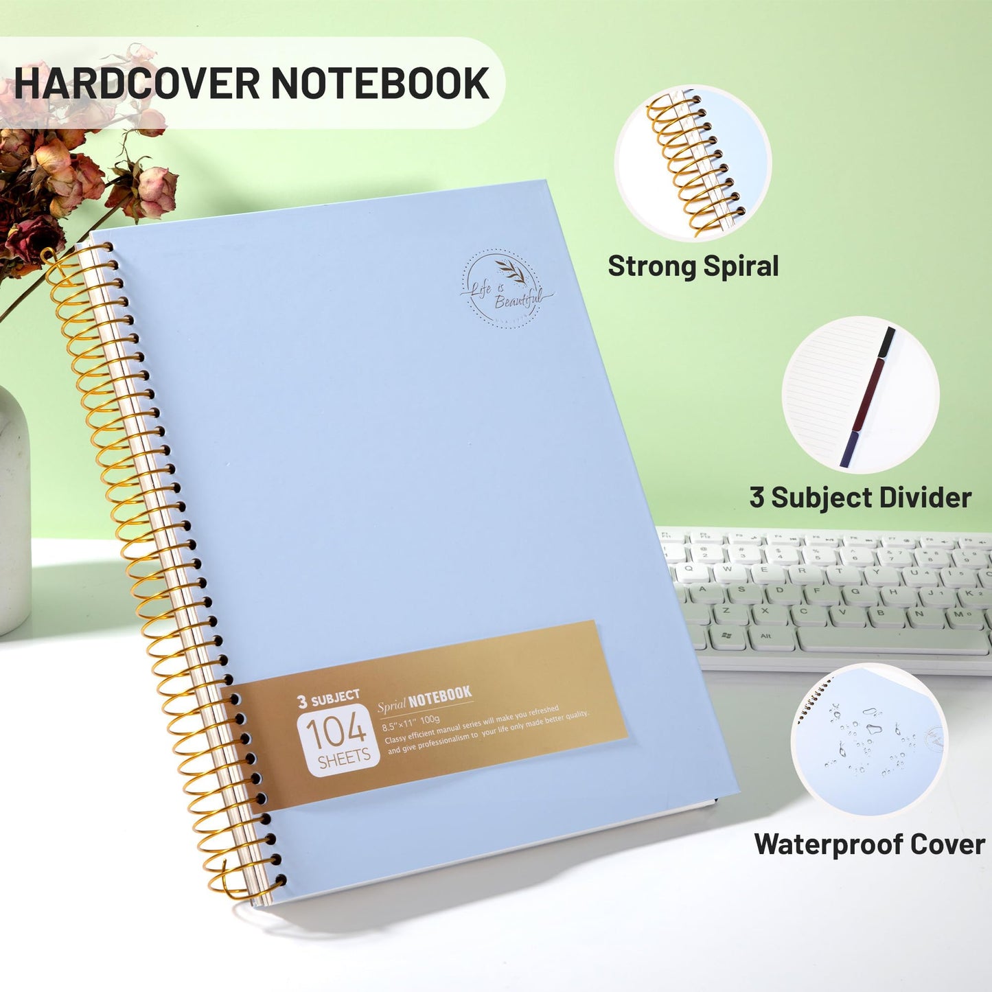 FLYING EAGLE 3 Subject Spiral Notebook Large Spiral Notebook 8.5 X 11, Blue Journal for Women Men, 100 GSM Thick Paper 104 Sheets, Hardcover Notebook for Work, School, Writing, Note Taking Blue