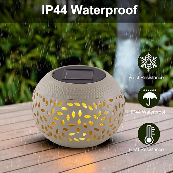 Solar Table Lantern Outdoor Waterproof- Solar Powered LED Light Hollowed-Out White Metal Desktop Decorative Lamp for Women Mom Indoor Desk Bedroom Patio Garden Pathway Yard Decor
