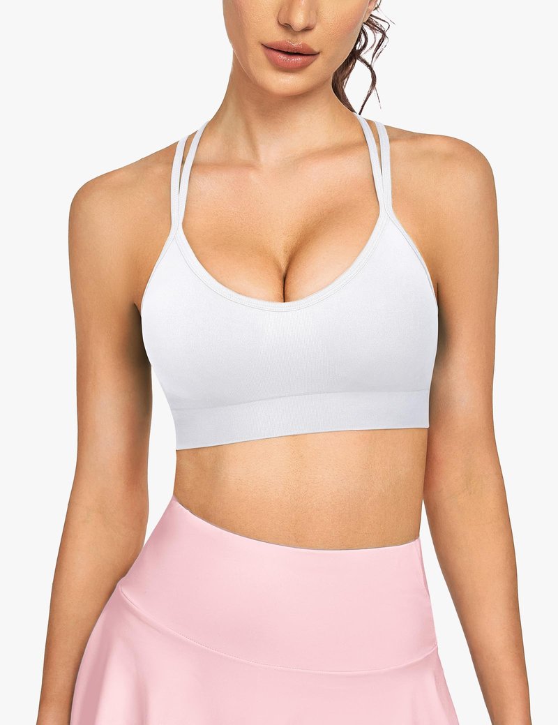 WANAYOU Sports Bras for Women, Cross Back Strappy Medium Support Sports Bra Padded Wireless Seamless Spaghetti Strap Workout Bra for Athletic Exercise Fitness 3 Pack Black White Purple Medium