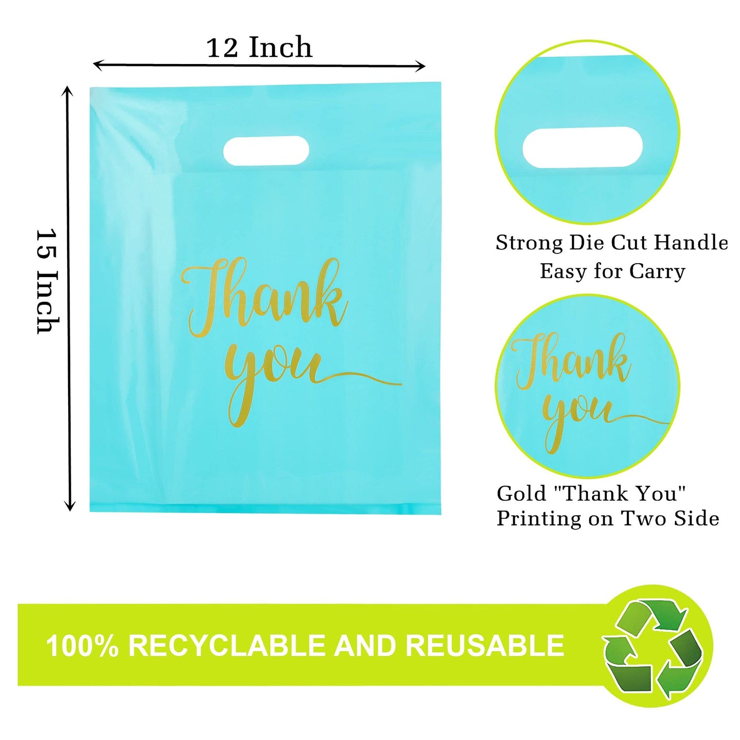 MUKOSEL 100Pcs Thank You Merchandise Bags, Extra Thick 2.36 Mil 12x15 In Retail Shopping Bags for Goodie bags Party Stores Boutique Clothes Business Gift, Reusable Plastic Bags with Handle (Blue)