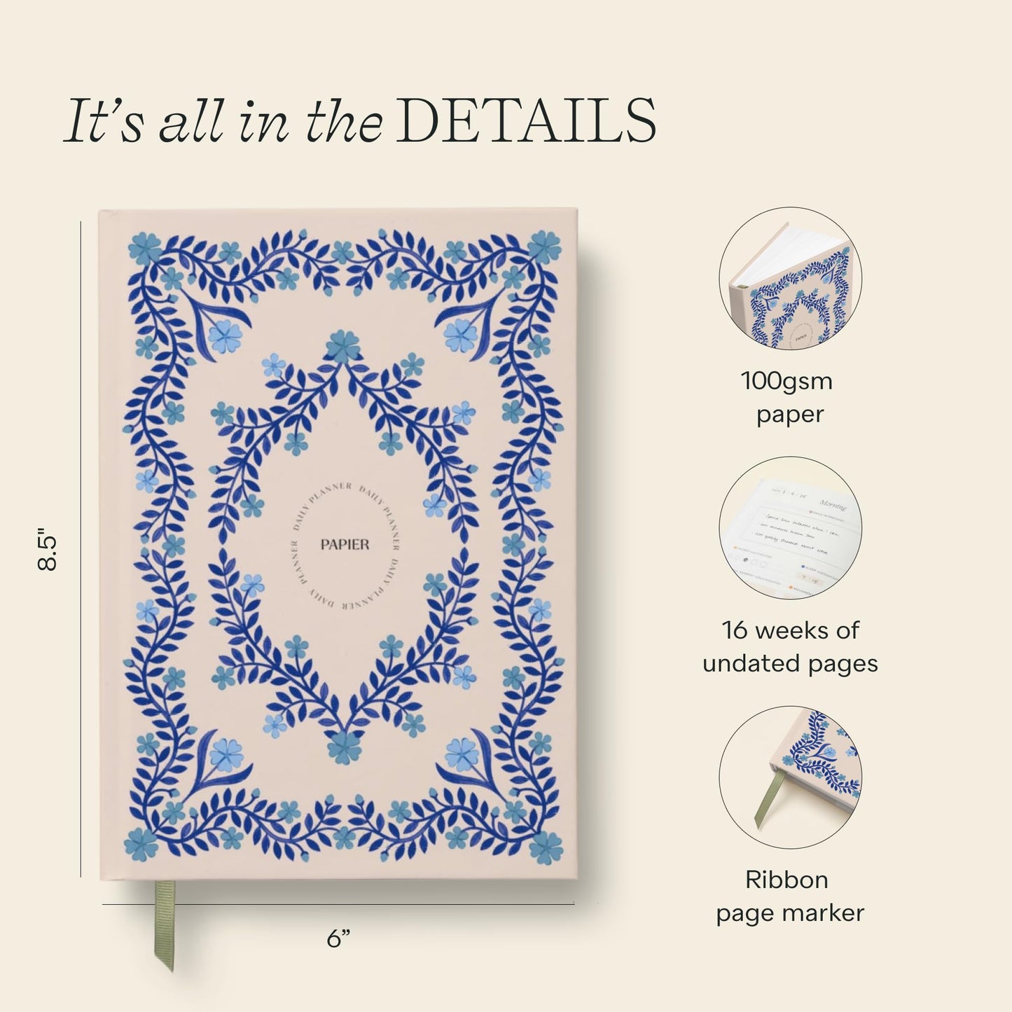 Papier Italian Summer Daily Planner - Hardback Vintage Design | Track Habits, Thoughts, To-Dos & Priorities | Motivational Gift