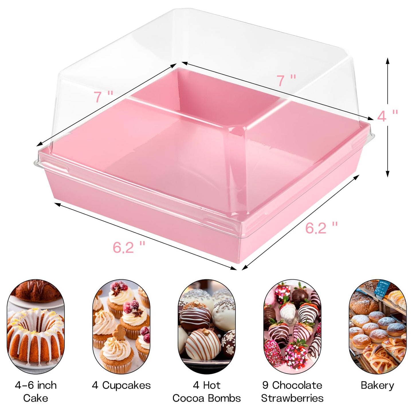 ZORRITA 7 x 7 x 4 Inches Paper Cake Boxes with Clear Lids, 40 Pack Disposable Charcuterie Boxes Square Food Containers for 4-6 Inch Cake, Dessert, Pie, Cupcake, Bakery (Pink)