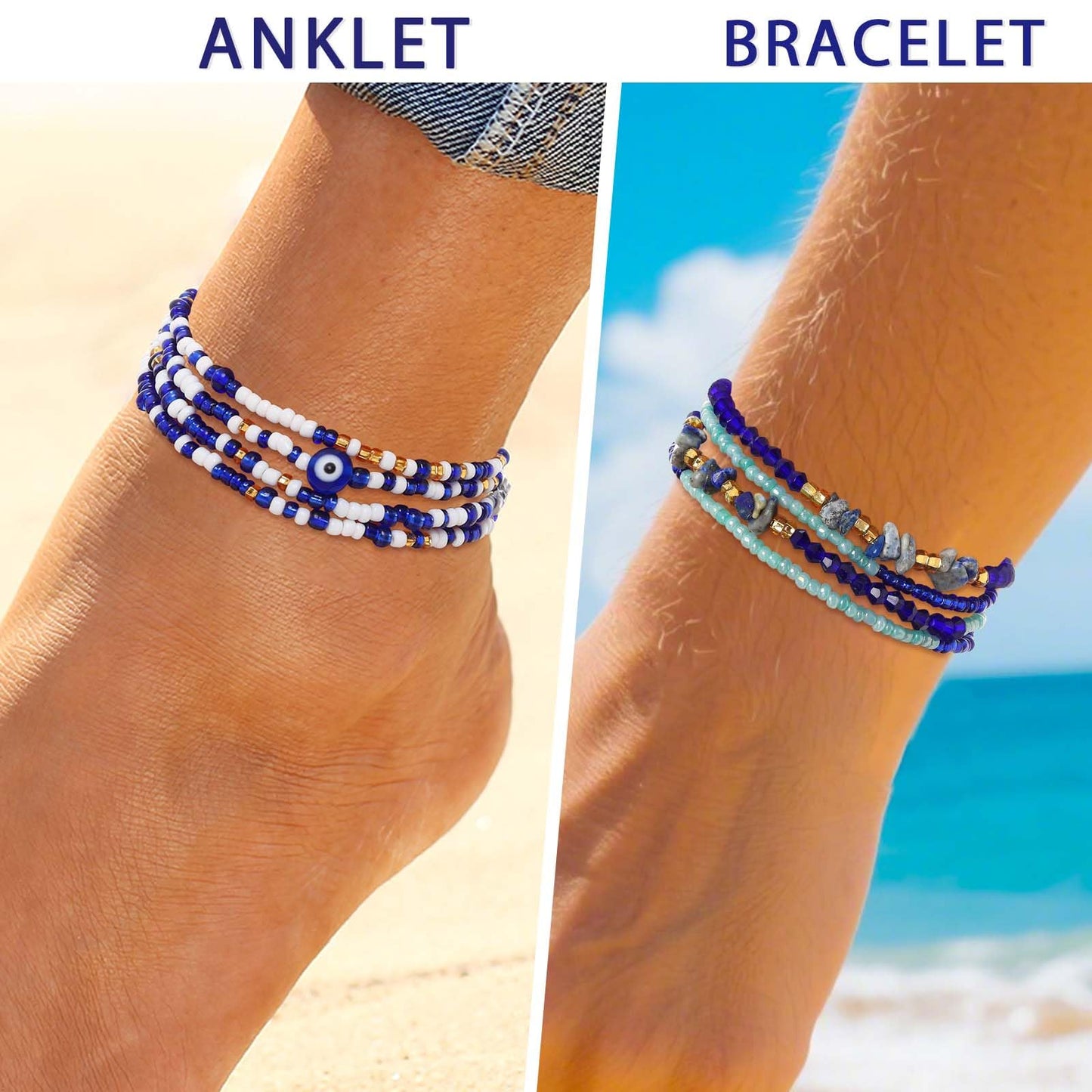 ELABEST Adjustable Handmade Waist Beads Stretchy 23-52 inch 8Pcs Chakra Body Belly Beaded Women Waist, Anklet, Bracelet, Necklace Jewelry with Screw clasp (Blue, 31.5inch/80cm)