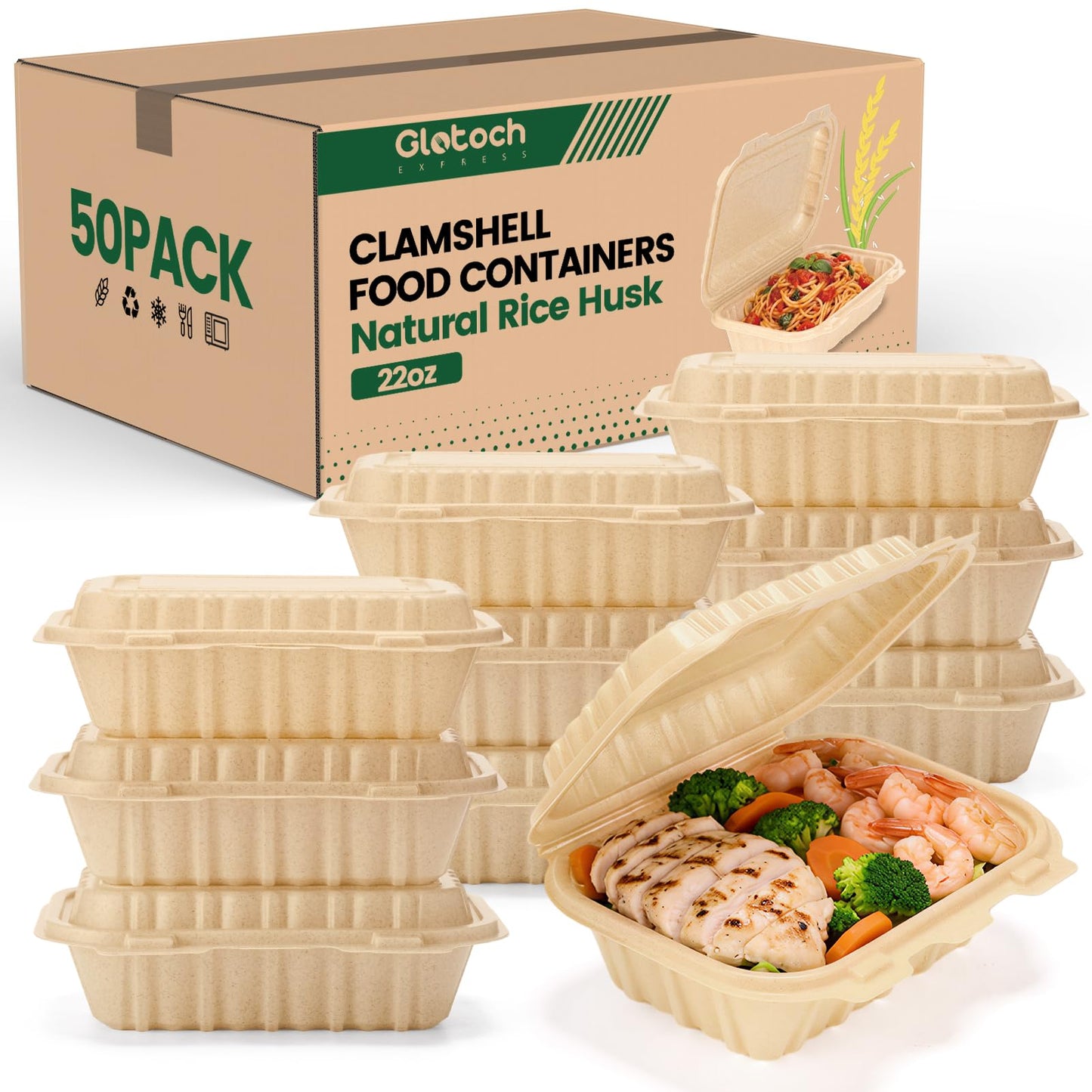 Clamshell Take Out Food Containers, 50 Pack-22oz Disposable Meal Prep Containers Natural Rice Husk Material Durable To Go Containers for Pasta Salad Snacks Taco Chinese Food Restaurants 8"X6"X2.5"