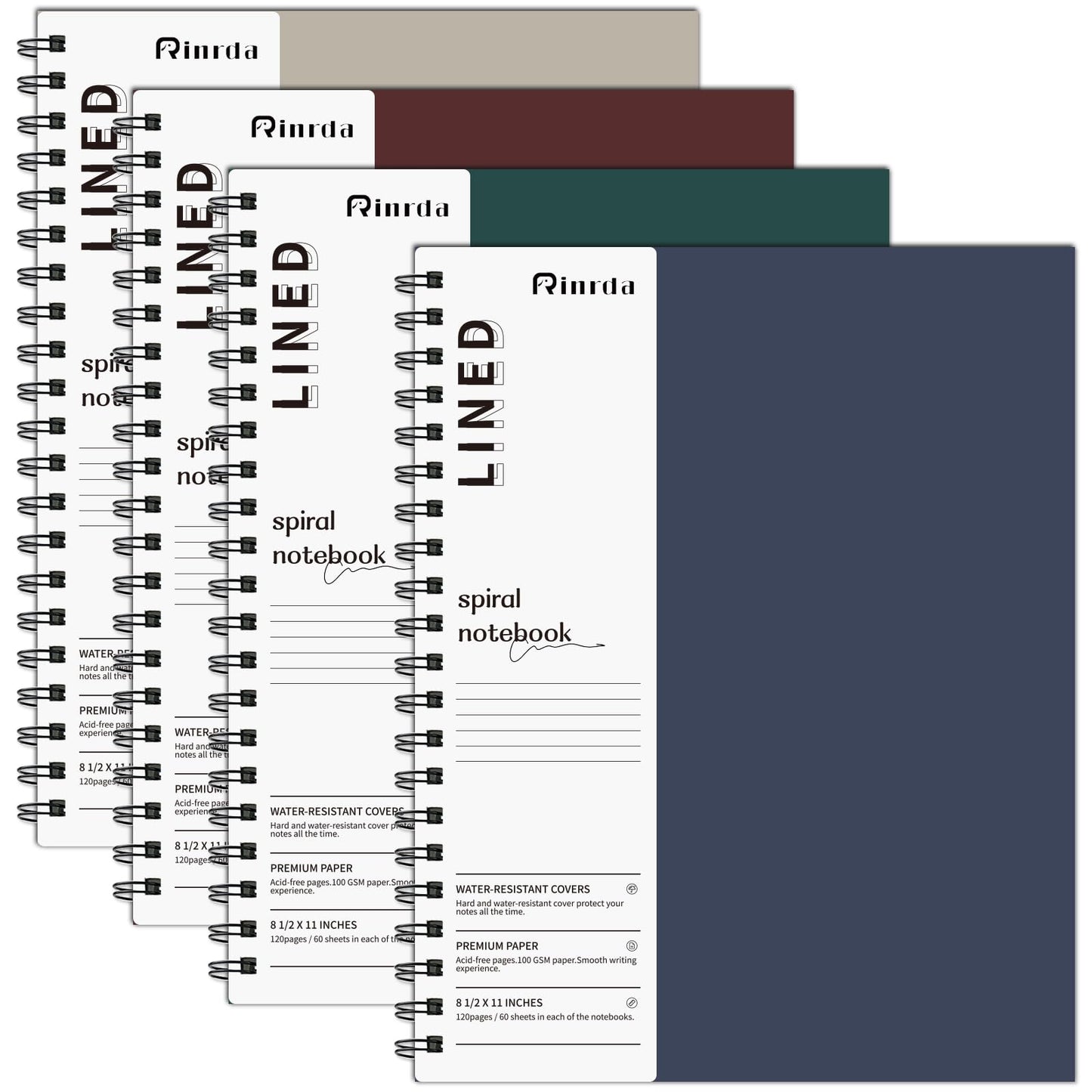 Rinrda Lined Notebook Spiral Notebook 8.5" x 11"-4 Pack Large Journal Hardcover Notebook 7mm College Ruled Notebook 120 Pages 100 GSM Thick Hardcover Journal for School (LINED, Mult-color)