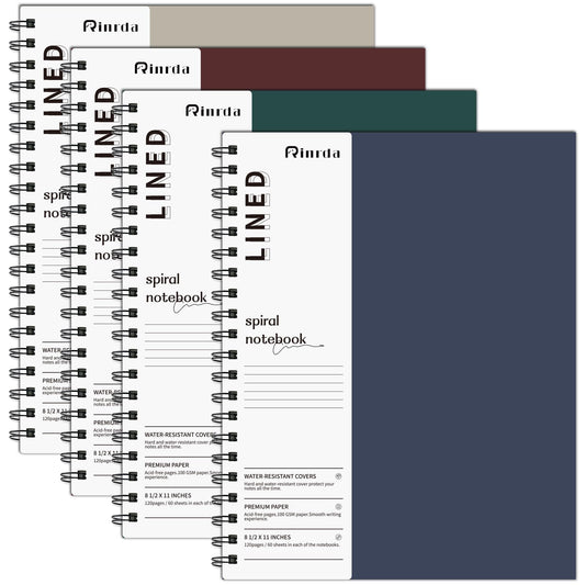 Rinrda Lined Notebook Spiral Notebook 8.5" x 11"-4 Pack Large Journal Hardcover Notebook 7mm College Ruled Notebook 120 Pages 100 GSM Thick Hardcover Journal for School (LINED, Mult-color)