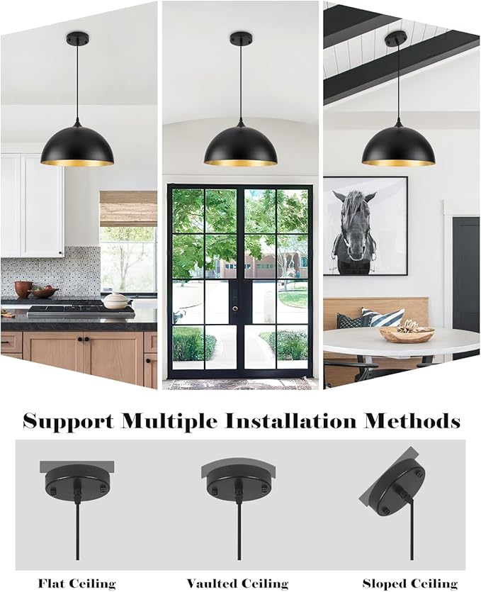 Black Pendant Lights Kitchen Island 2 Pack, 14 Inch Large Dome Pendant Light, Black and Gold Farmhouse Pendant Light, Island Pendant Lights for Kitchen, Dining Room