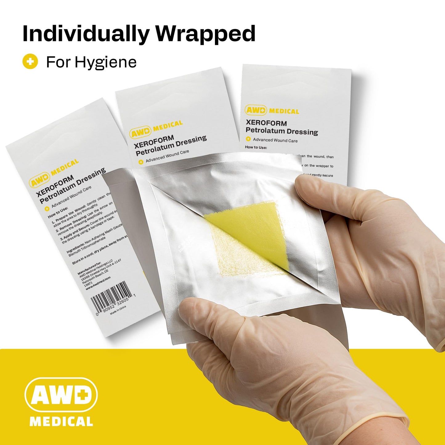 AWD Medical 4"x4" Xeroform Petrolatum Dressing, Non-Adherent Sterile Mesh Gauze for Burns, Skin Grafts, Surgical Wounds & Lacerations, Individually Wrapped (25 Count)