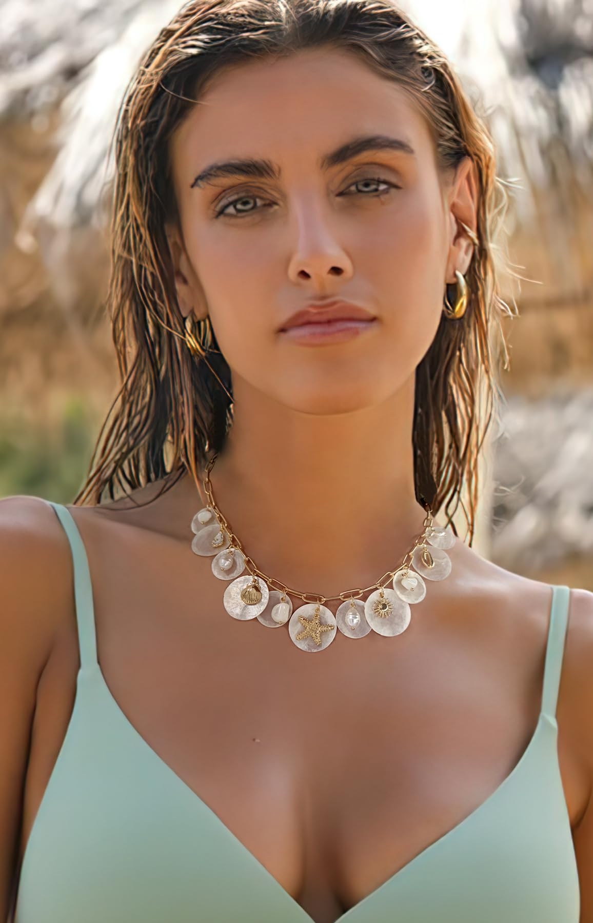 LILIE&WHITE Sea Shell Necklace For Women With Ocean Disc Charms Conch Starfish Necklace Summer Beach Necklaces Mermaid Necklaces Paper Clip Chain Fashion Jewelry