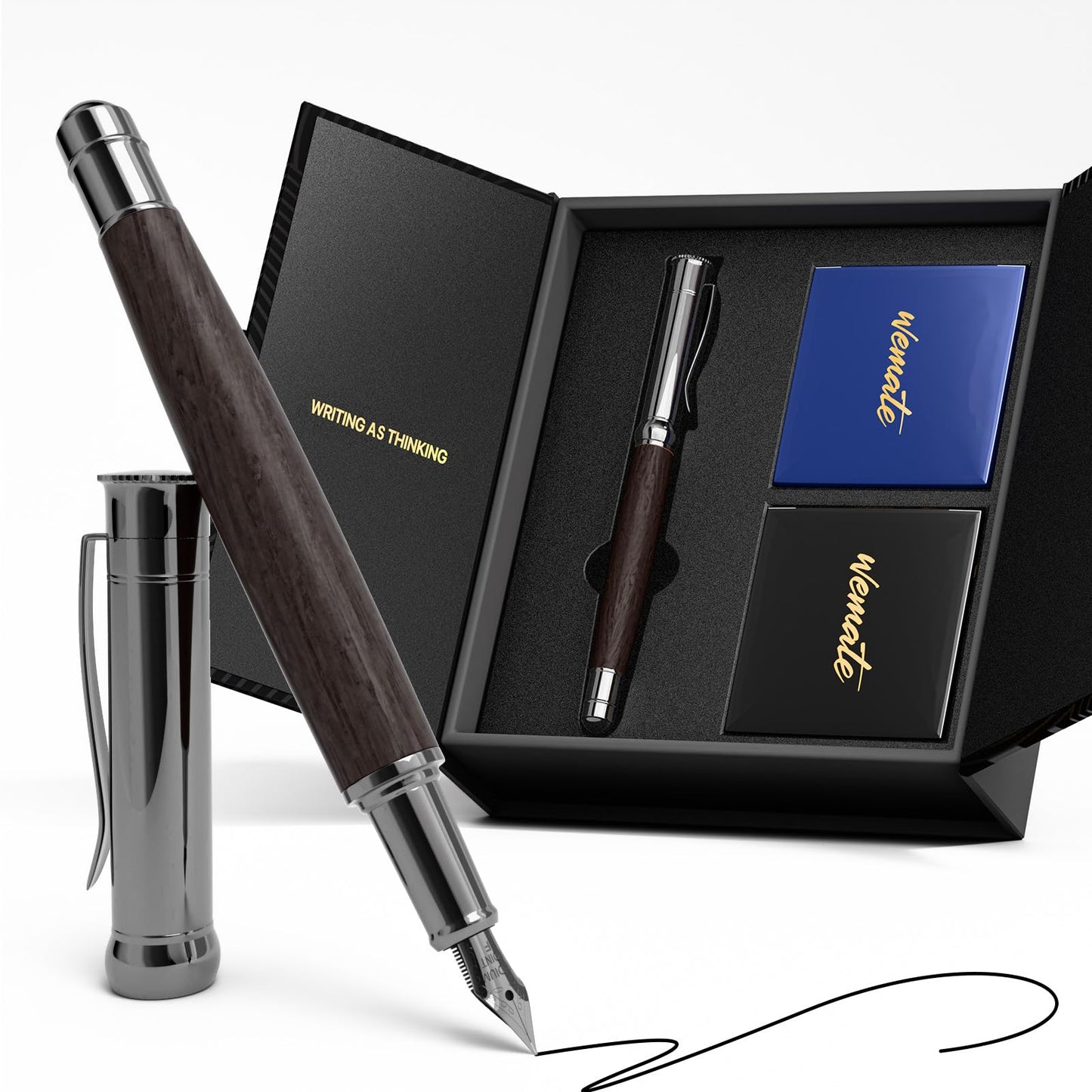WEMATE Fountain Pen Set, Fine Nib with 20PCS 2.6MM Ink Cartridges(10 Black&10 Blue),1 Ink Converter, Nice Luxury pen for Men, Women, Cool Wooden Fountain Pen for Writing, Journaling, Calligraphy