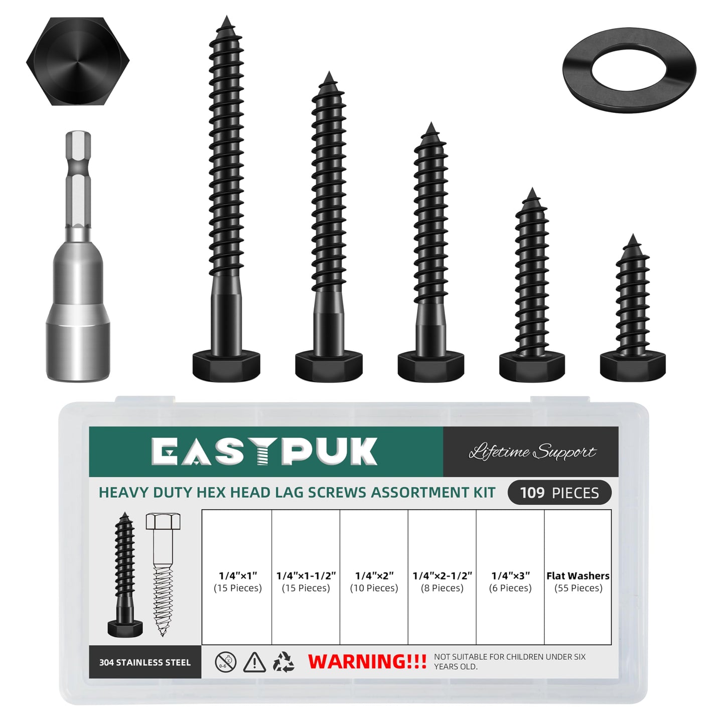 EASTPUK 109Pcs 1/4 Hex Head Lag Bolts Screws Assortment Kit, Heavy Duty Lag Screws with Washers, 304 Stainless Steel, 1/4 Bolt for Wood, Fully Thread, Black Oxided with Hex Socket