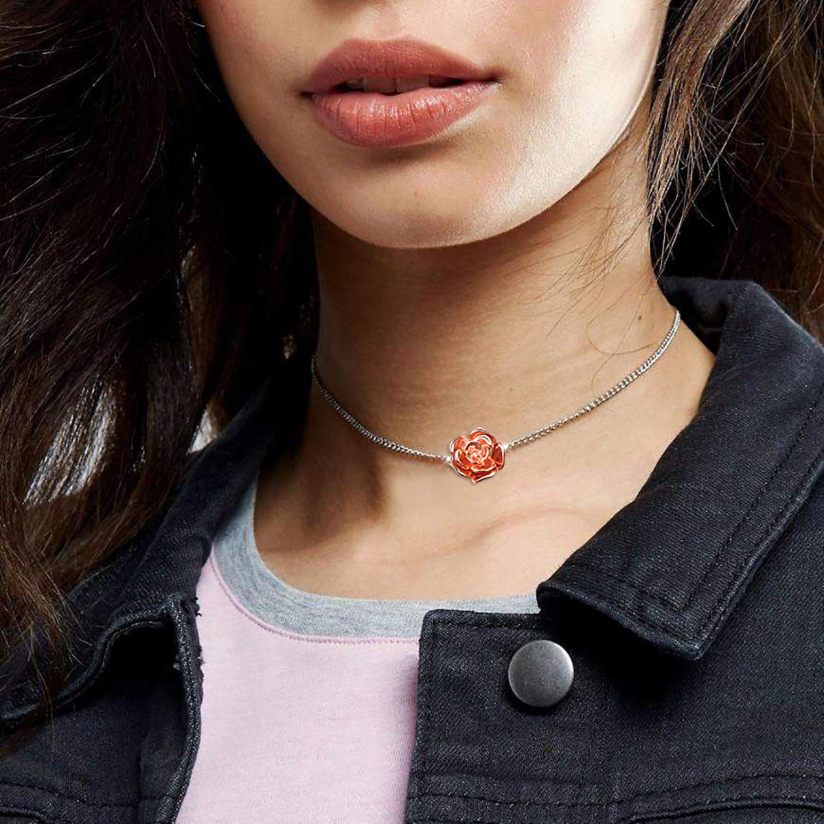 DAOCHONG S925 Sterling Silver Choker Short Dainty Necklace Pendant for Women Jewelry Gift (Rose Flower)