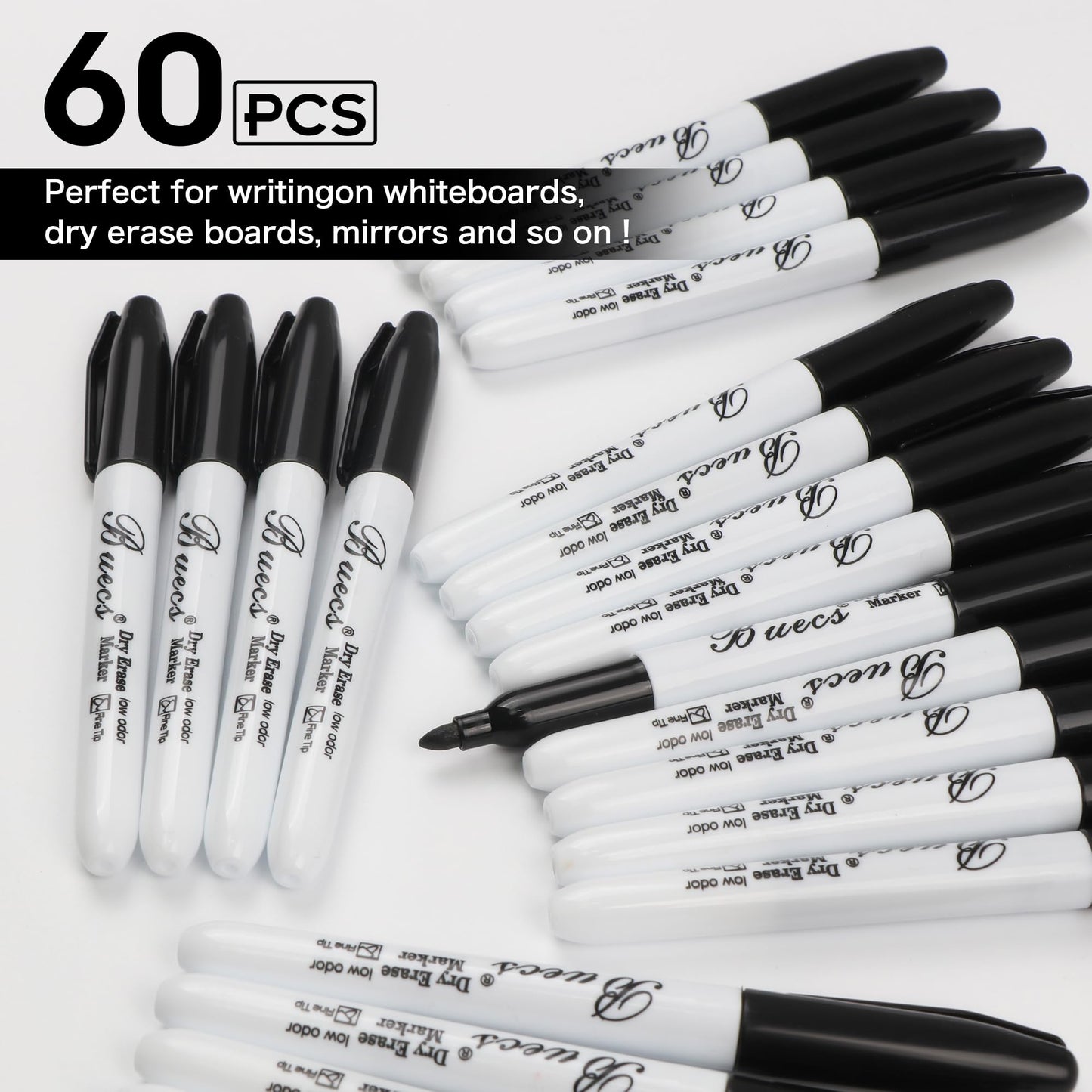 Buecs Black Dry Erase Markers, Low-Odor, 60 Count, Fine Point, Perfect for Writing on Whiteboards, Dry-Erase Boards, Glass, School Office Supplies