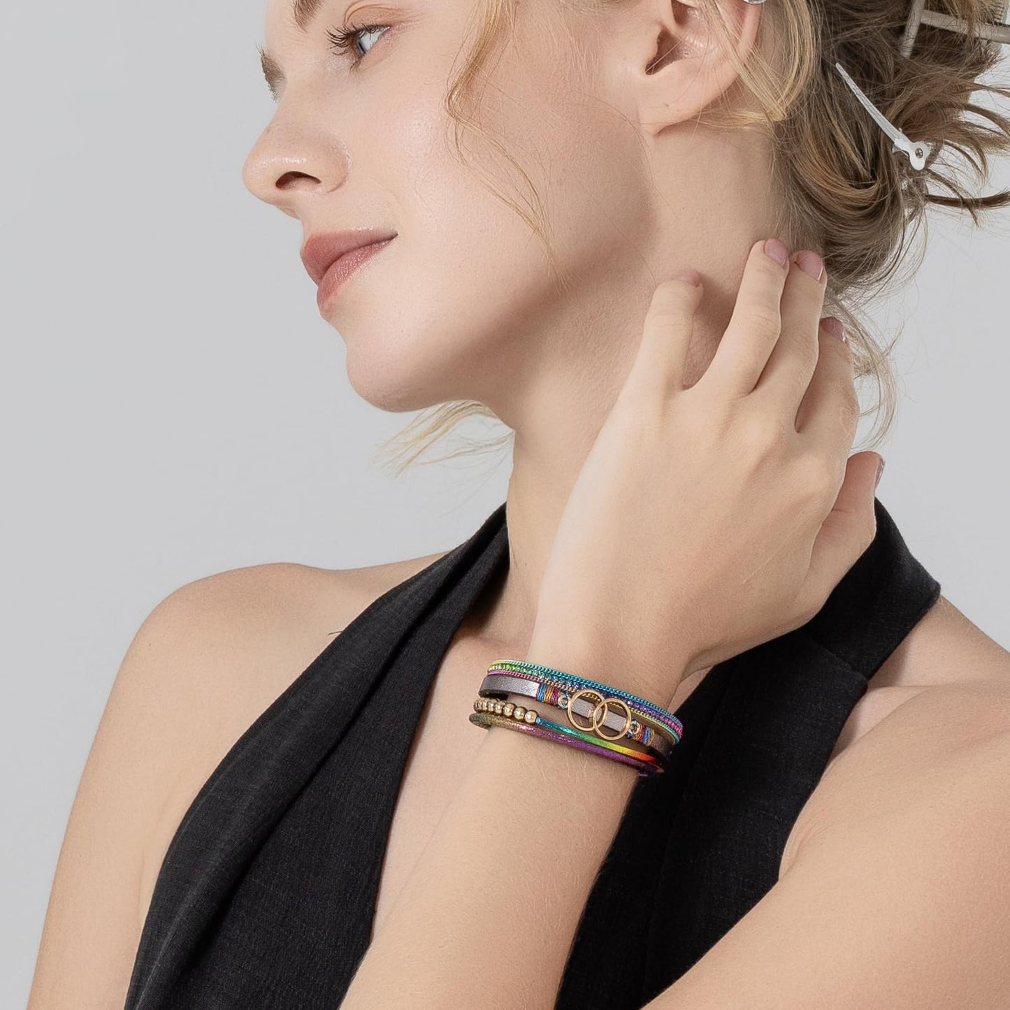 FANCY SHINY Boho Leather Wrap Bracelet Stackable Beaded Infinity Chunky Cuff Bracelets with Magnetic Clasp Western Hippie Outfits Jewelry Gifts for Women(Rainbow)