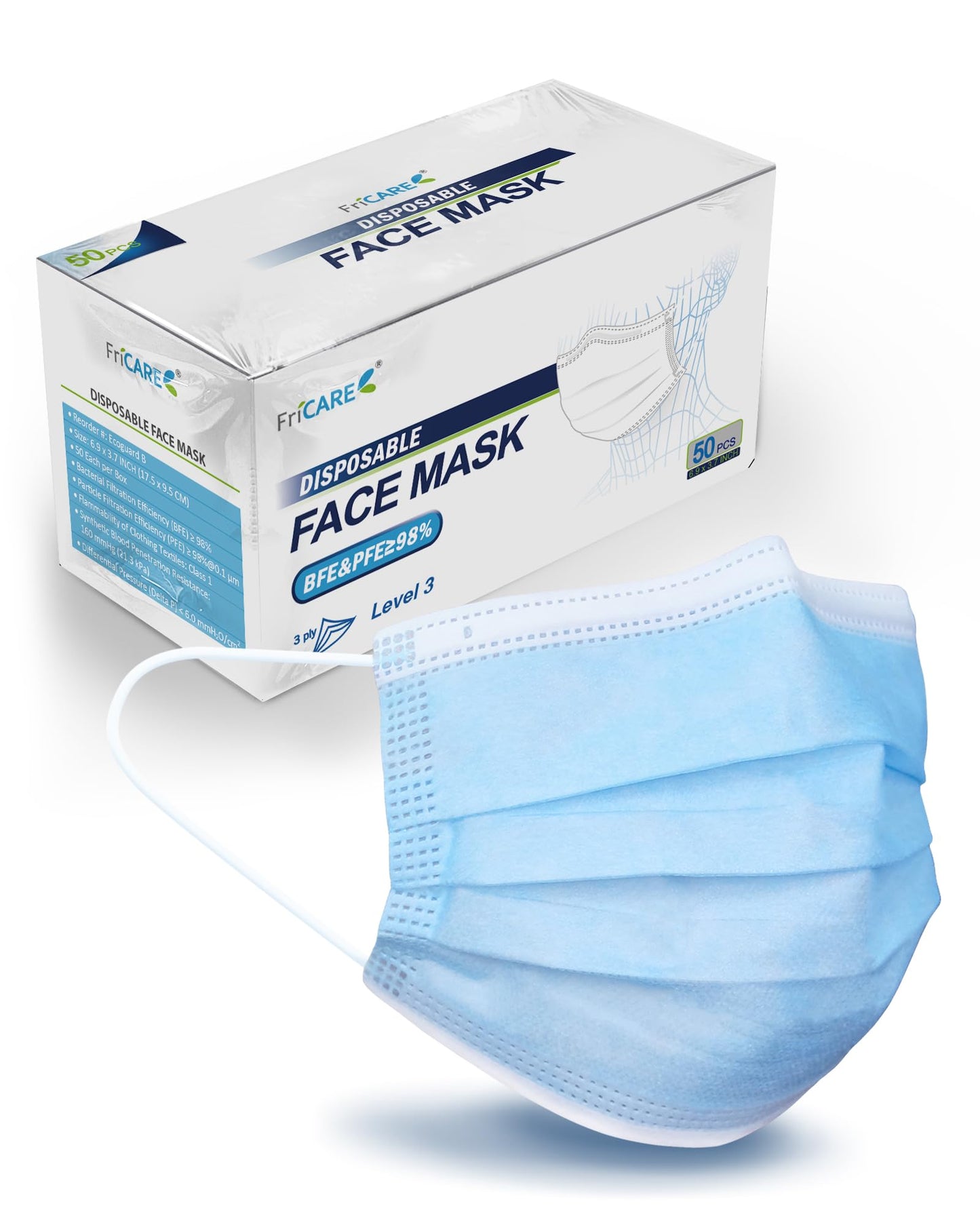FriCARE Disposable Face Masks, 3-Ply ASTM Level 3 Medical Grade, Breathable & Comfortable for Adult Daily Work/Sun Protection, 50 Pack Blue