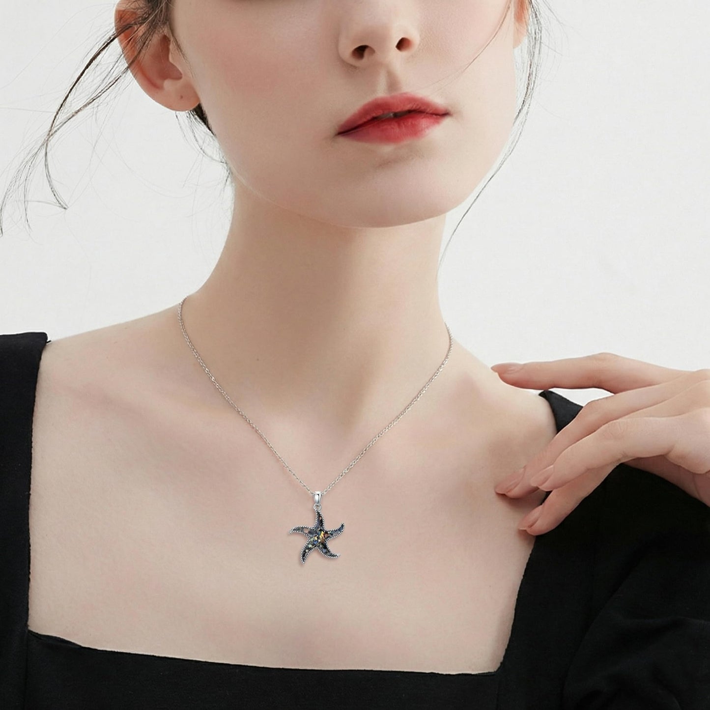 SELKAT 925 Sterling Silver Starfish Pendant Necklace for Women-Inlaid Abalone Shell Fragments, Beach Party Jewelry Gift for Daughter Mom Wife (Style 1)