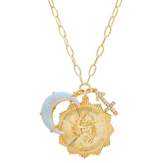 Lanadale Dainty Gold Sagittarius Zodiac Coin Opal Crescent Moon Charm Necklace for Women Trendy 18K Gold Plated Retro Paperclip Chain 12 Constellation Horoscope Necklaces Astrology Jewelry Gifts