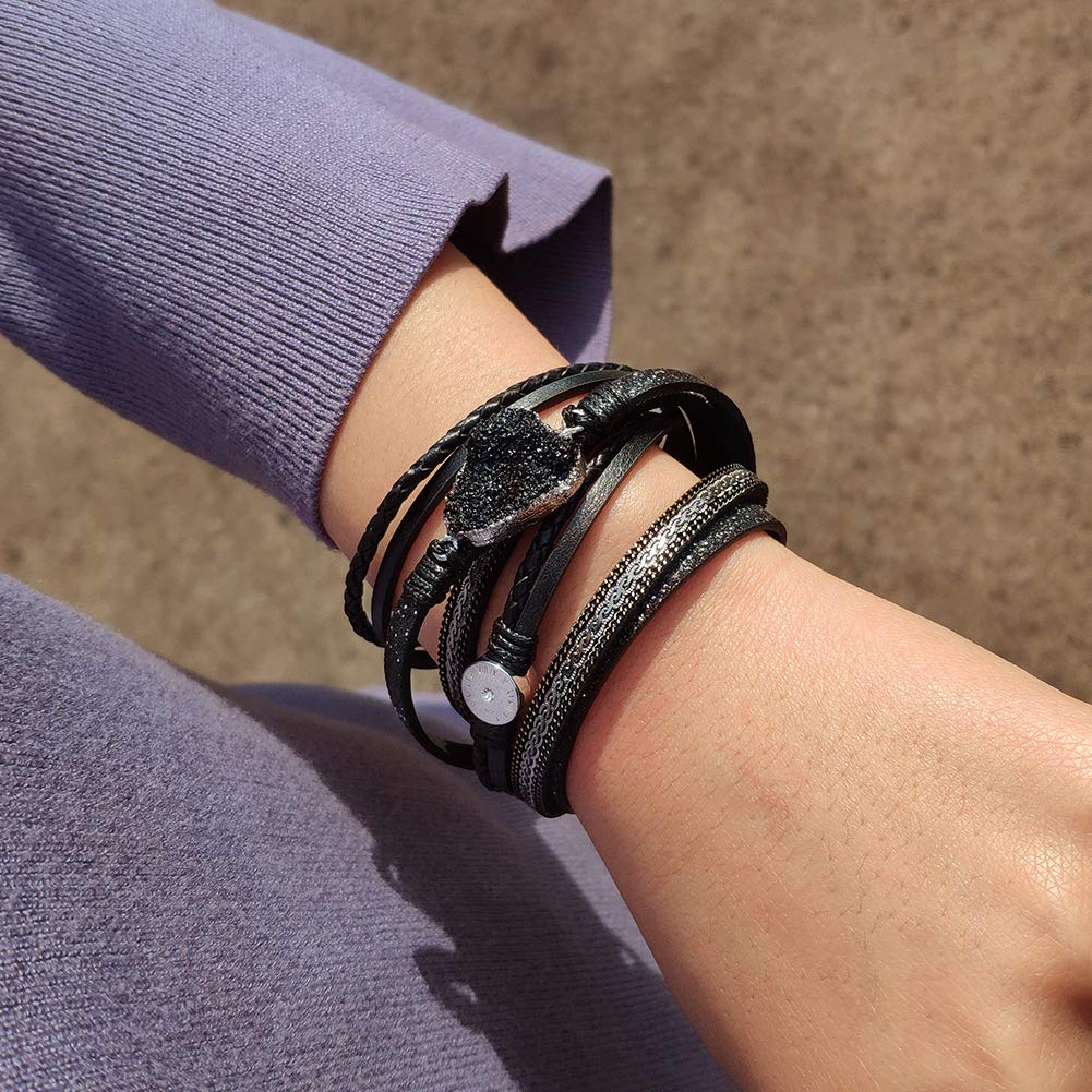 Artilady Leather Wrap Bracelet for Women - Handmade Clasp Bangle Bracelet with Pearl Beads Crystal Wristbands Jewelry Gift for Ladies and Mother