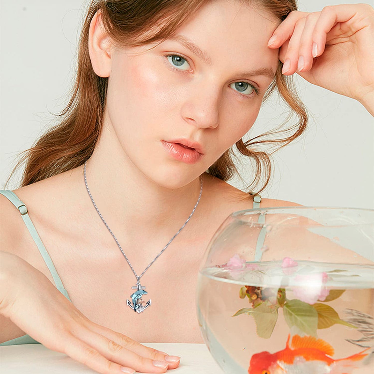 KoyeKei Dolphin Necklace Gifts for Women 925 Sterling Silver Anchor Dolphin Crystal Necklaces Nautical Ocean Pendant Beach Themed Jewelry Starfish Graduation Gifts for Daughter Best Friend Lover