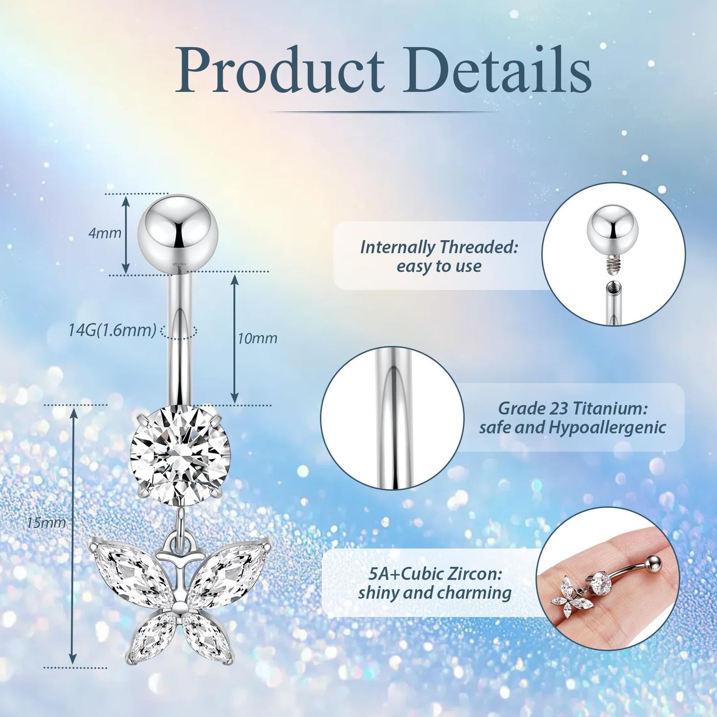 PEAKLINK 14G Belly Button Ring 10mm Dangle Belly Jewelry Internally Threaded Navel Piercing Silver for Women Titanium Curved Belly Barbell with Butterfly CZ Navel Bars
