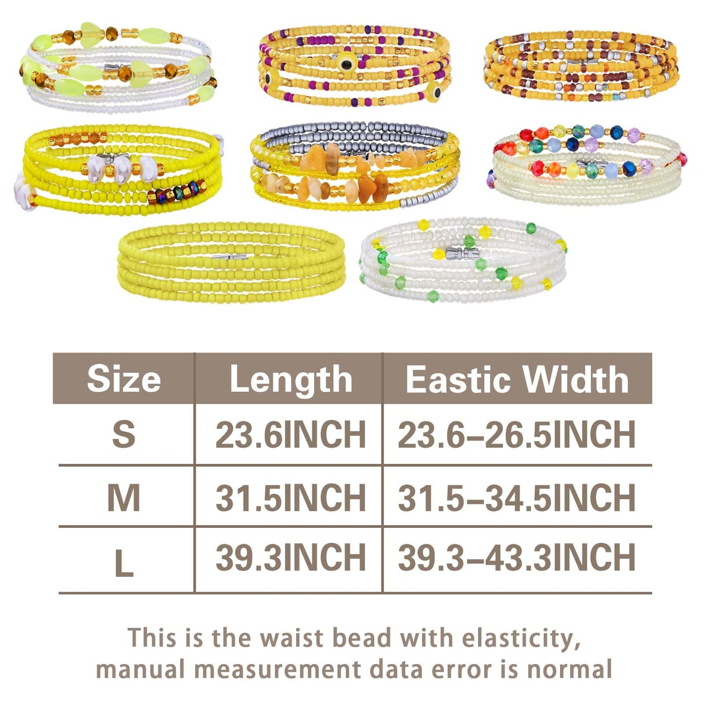 ELABEST Adjustable Handmade Waist Beads Stretchy 23-52 inch 8Pcs Chakra Body Belly Beaded Women Waist, Anklet, Bracelet, Necklace Jewelry with Screw clasp (Yellow, 39.3inch/100cm)