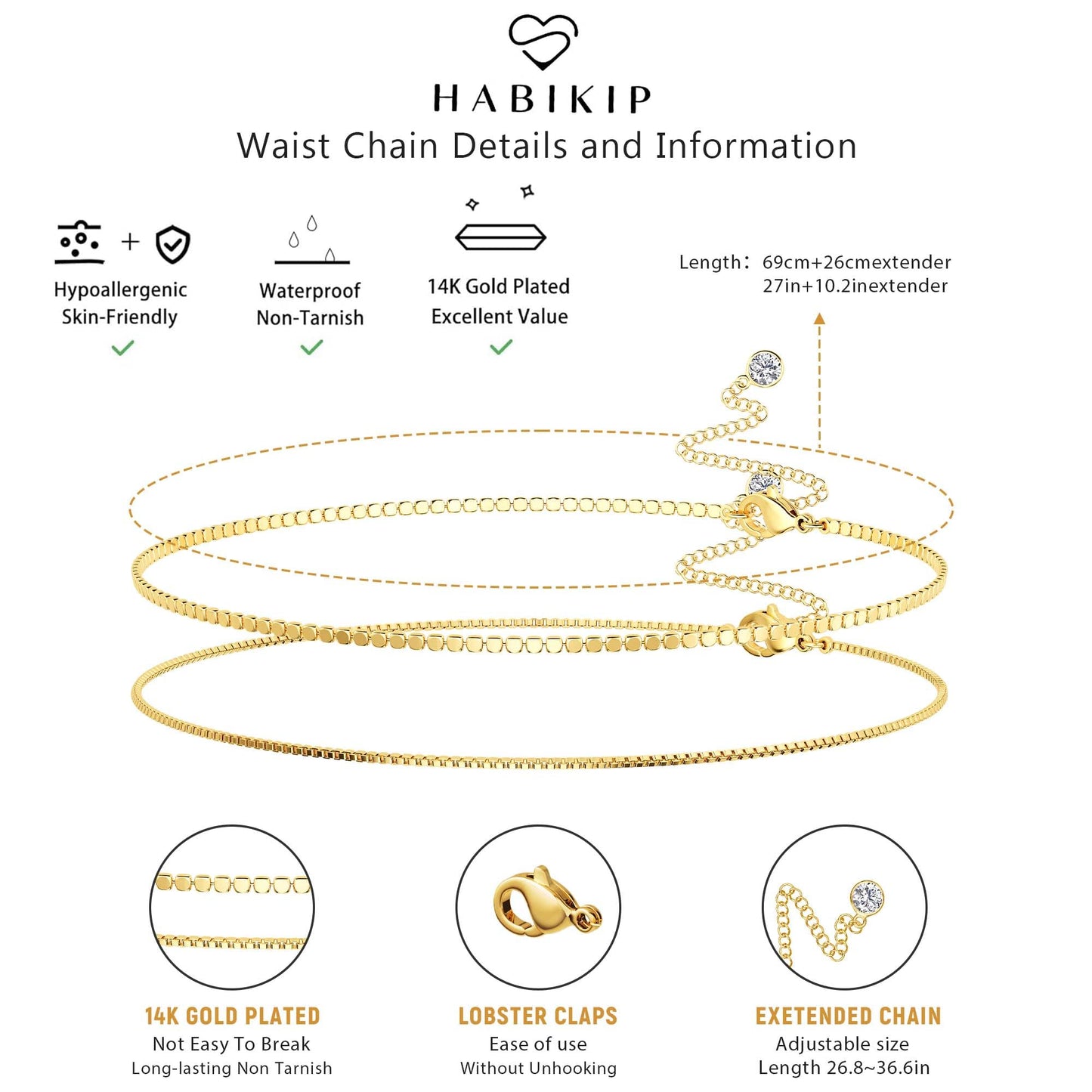 HABIKIP 14K Gold Plated Waist Chain for Women, 2PCS Dainty Layered Boho Gold Plated Belly Chain Belt Sexy Bikini Beach Box Waist Chain Adjustable Waterproof Body Chain Jewelry Accessories for Women
