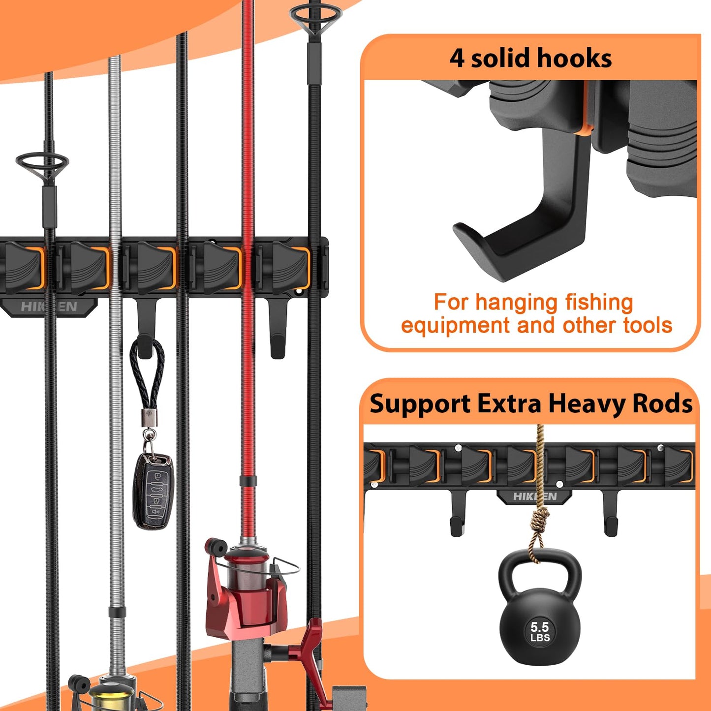 Hikeen Fishing Rod Holders, Wall Mounted Fishing Rod Rack, Fishing Pole Holder Holds Up to 8 Rods or Combos, Fishing Rod Holders for Garage with 4 Hooks, Fits Most Rods of Diameter 3-24mm(1Pack)