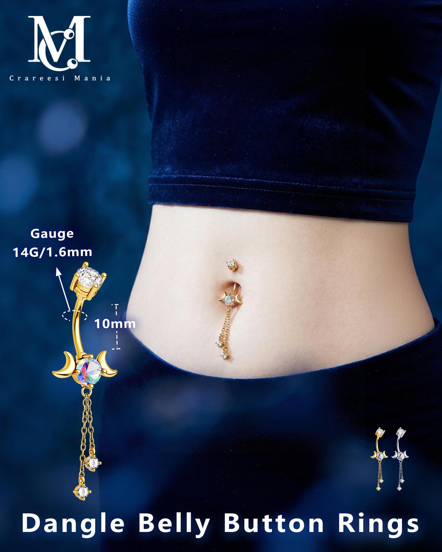 CM Crareesi Mania Dangle Belly Button Rings 14G Dangle Chain Belly Rings Moon Phase 316L Surgical Steel Gold Belly Piercing Jewelry for Women