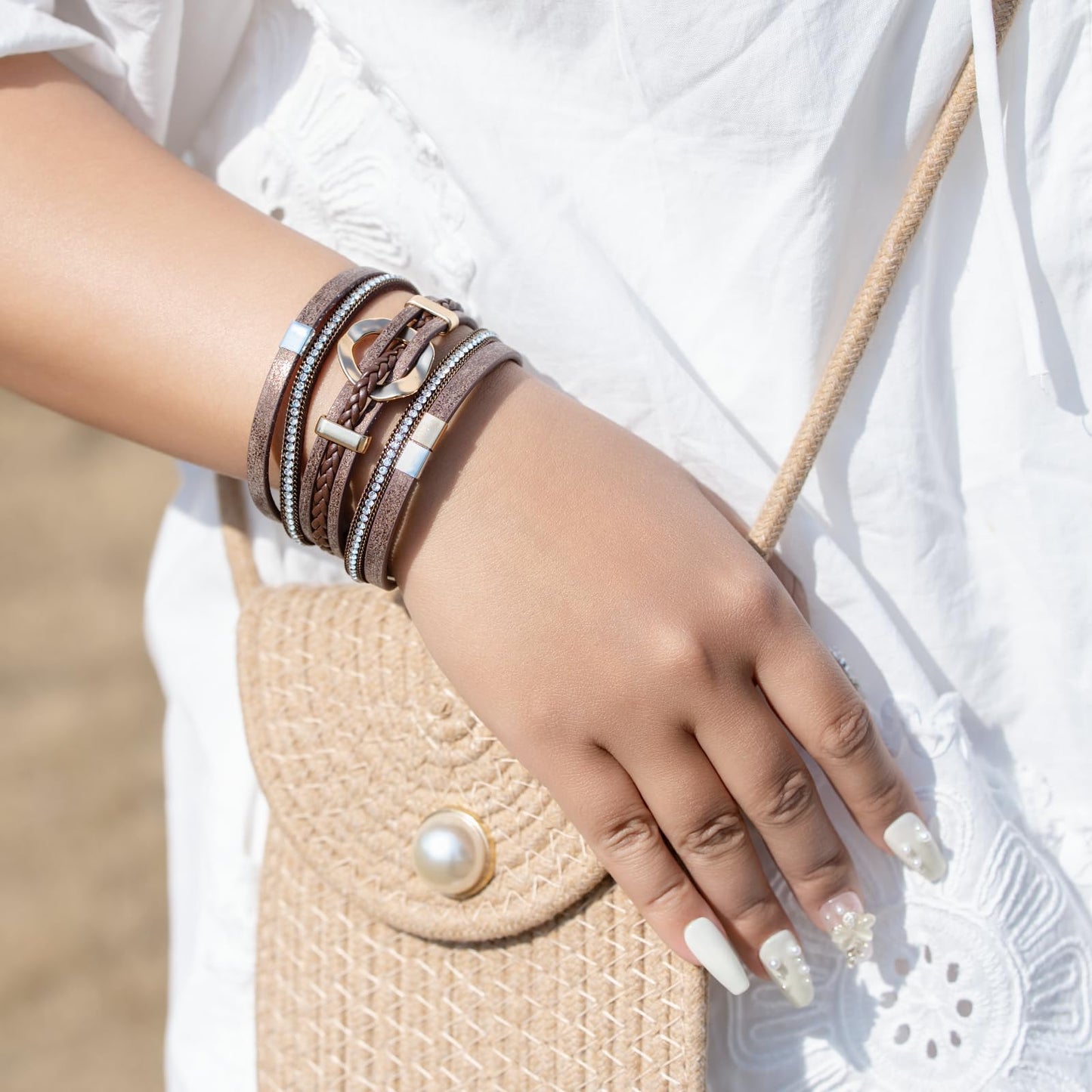FANCY SHINY Boho Leather Wrap Bracelets Circle Square Bead Braided Handmade Stackable Bracelet Trendy Cuff Bangle for Women(Brown)