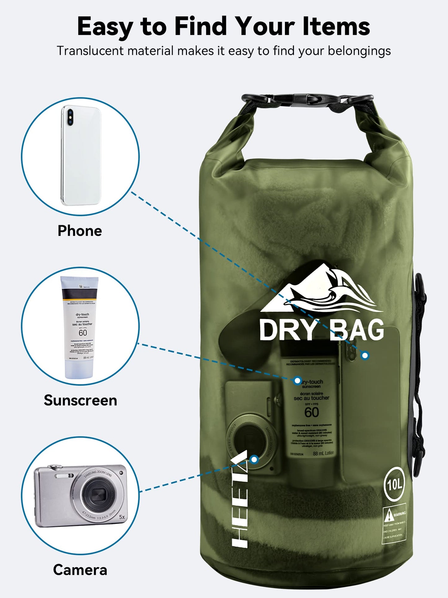 HEETA Dry Bag Waterproof for Women Men, Roll Top Lightweight Dry Storage Bag Backpack with Phone Case for Travel Swimming Boating Kayaking Paddle Board Camping Beach Accessories (Pitch Green, 30L)