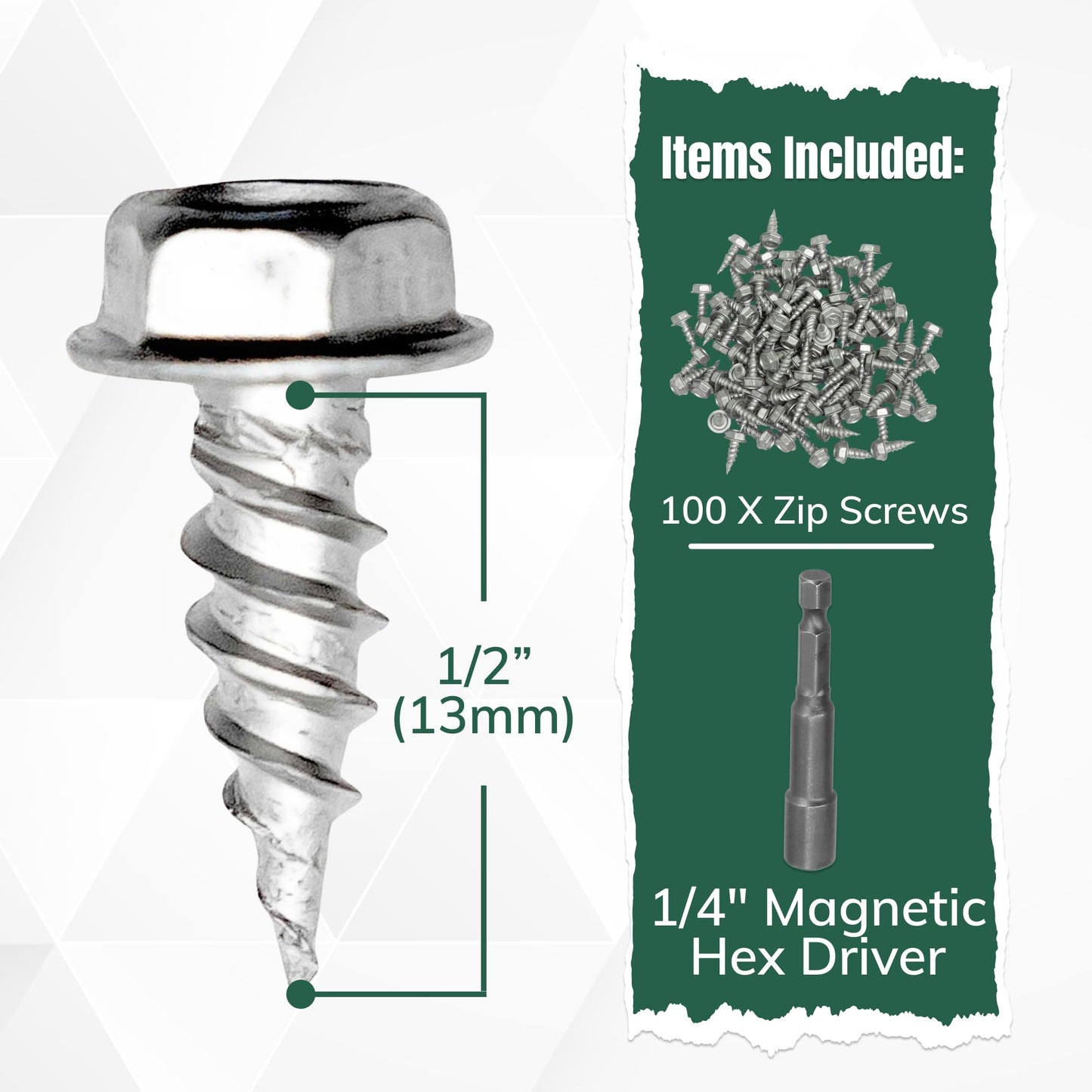 A-M Gutter Guard - 1/2" #8 Stainless Steel Zip Screws - Self-Piercing Xtra Sharp Tip - Mill Finish - 1/4" Hex Washer Head –100 Pack-Includes 1/4" Magnetic Hex Driver – for Gutter Install
