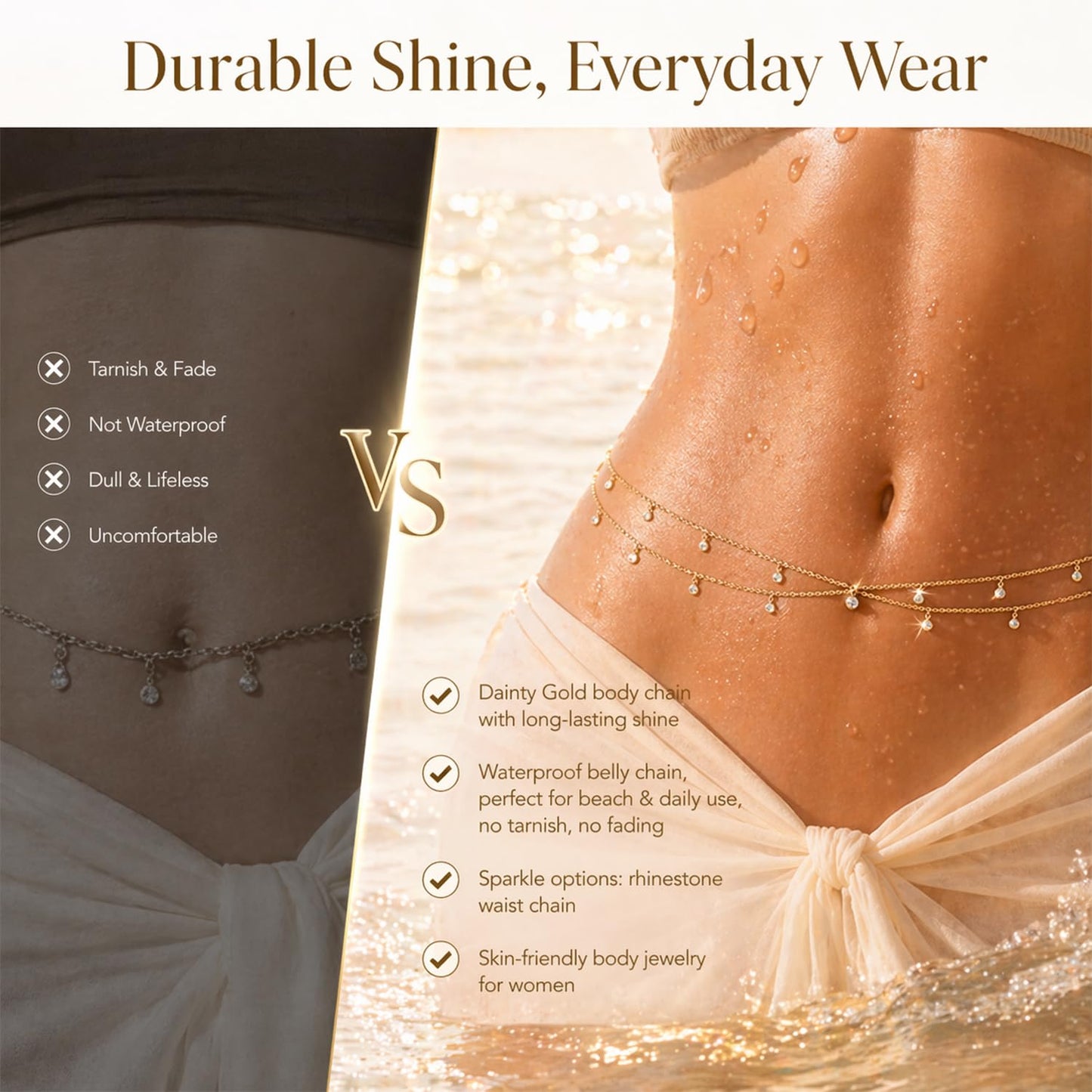 Longita Belly Chain Gold Waist Chain for Women Waist Stomach Jewelry Women Gold Belly Chains for Dress Rhinestone Sexy Body Chains for Bikini Beach Vacation non Tarnish Waterproof Adjustable Plus Size