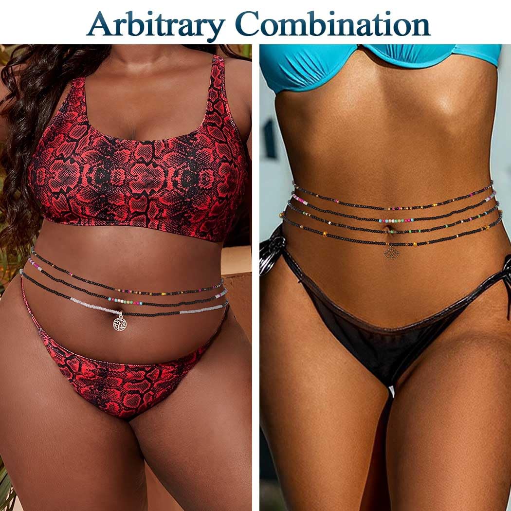 ELABEST 24-39inch African Waist Beads for Women 8Pcs Elastic Belly Beads Colorful Beaded Waist Jewelry Accessories Body Chain (Black, 47.2inch/120cm)