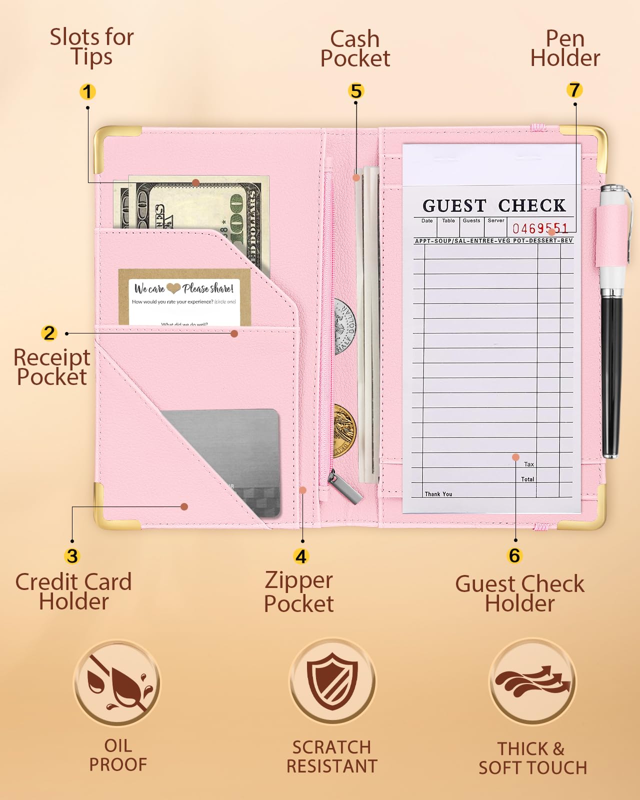 Slohif Server Book for Waitress Cute Serving Books with Zipper Pocket Accessories Leather Server Check Book Restaurant Waiter Server Booklet Organizer Ticket Book Holder