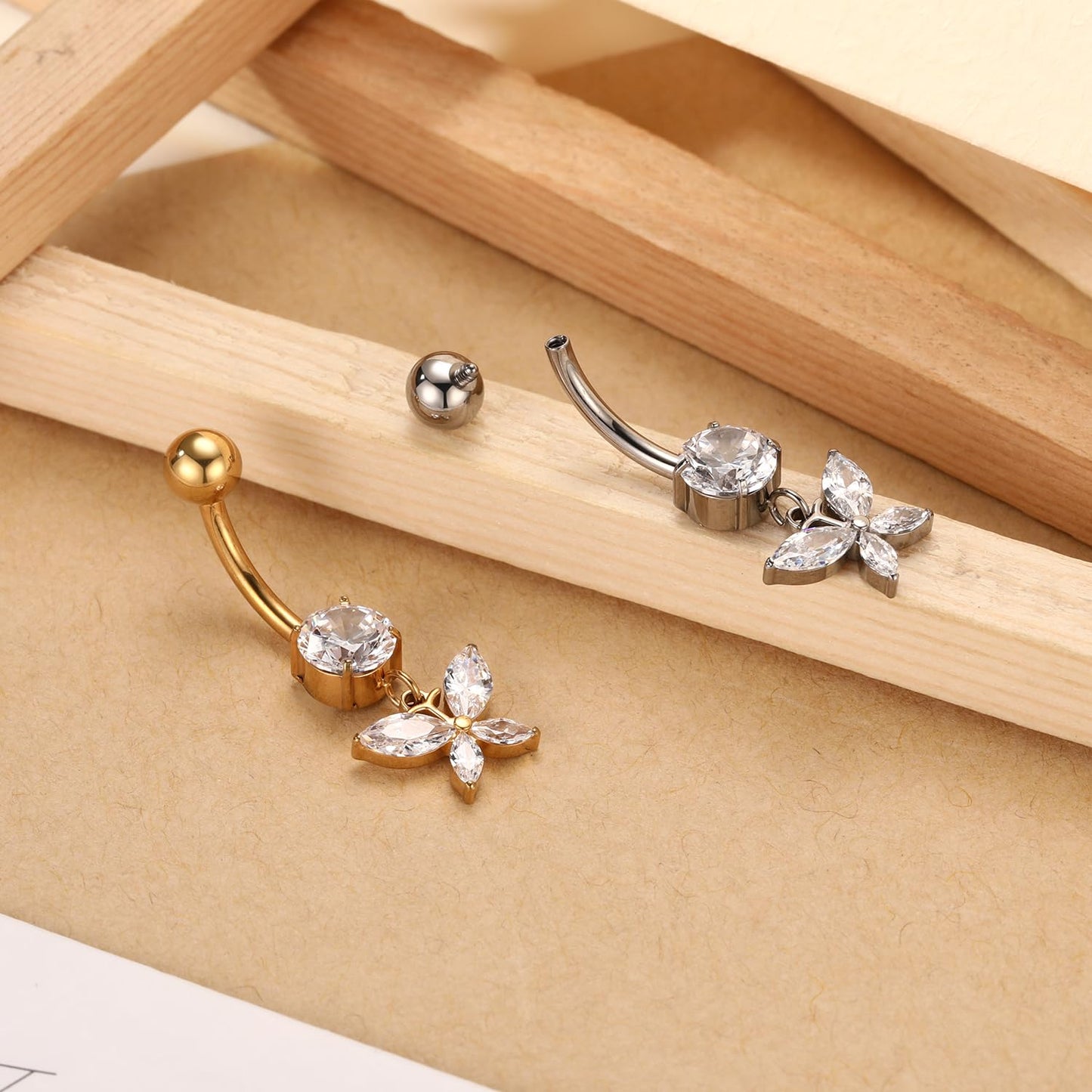 PEAKLINK 14G Belly Button Ring 10mm Dangle Belly Jewelry Internally Threaded Navel Piercing Silver for Women Titanium Curved Belly Barbell with Butterfly CZ Navel Bars