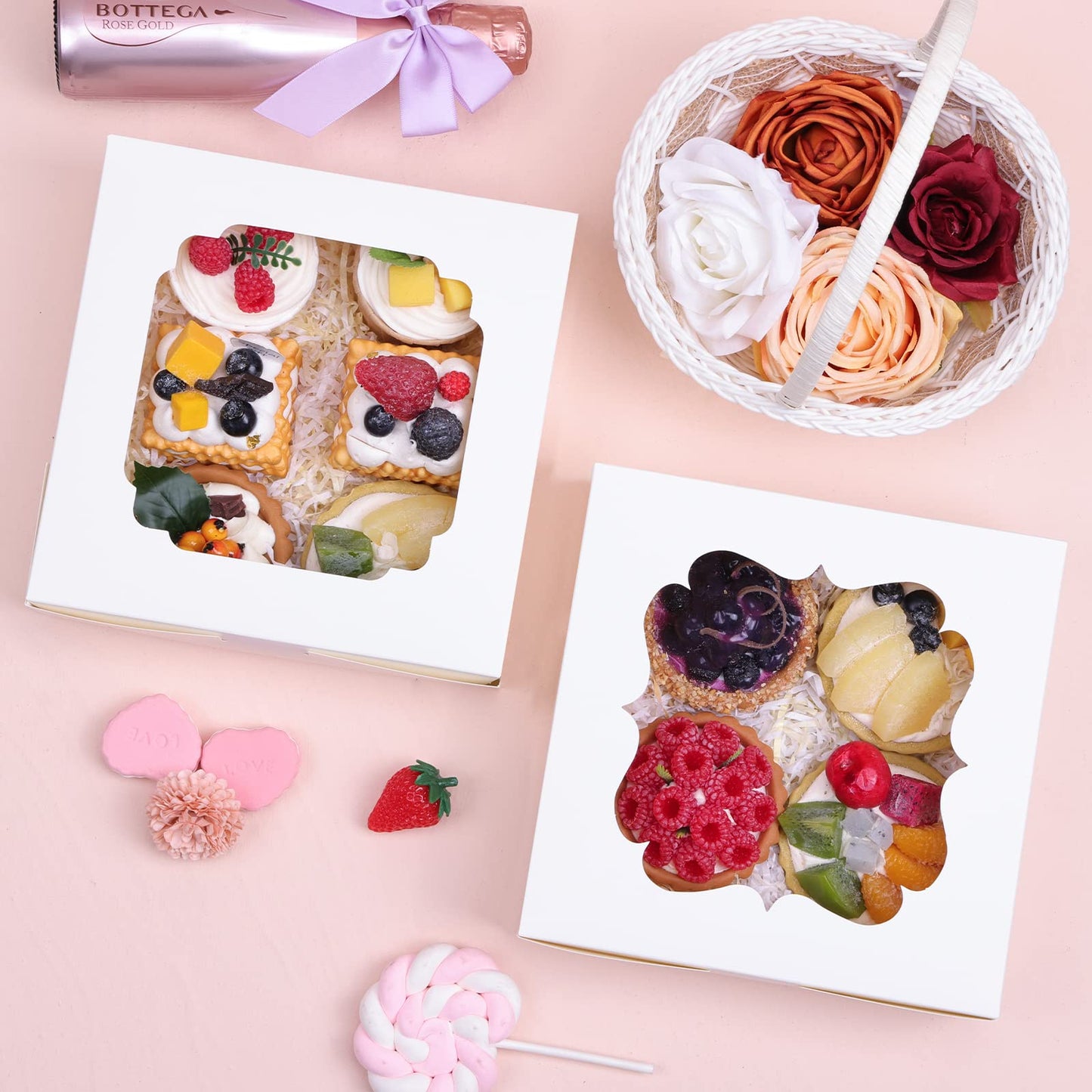 TOMNK 60pcs Cookie Boxes, 8x8x2.5 Inches Bakery Boxes with 2 Style Windows for Chocolate Strawberries, Pie, Pastry, Dessert, Cake, Birthday Party, Mother's Day, Weddings
