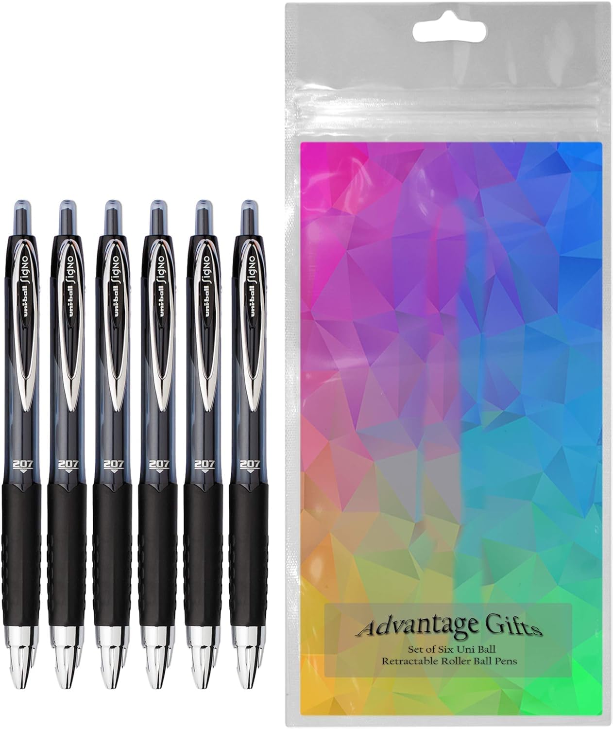 Advantage Gifts Signo 207 Roller Ball Retractable Gel Pens, Medium Point (0.7mm), Black Ink, 6 Count, Bundle with Plastic Reusable Pouch