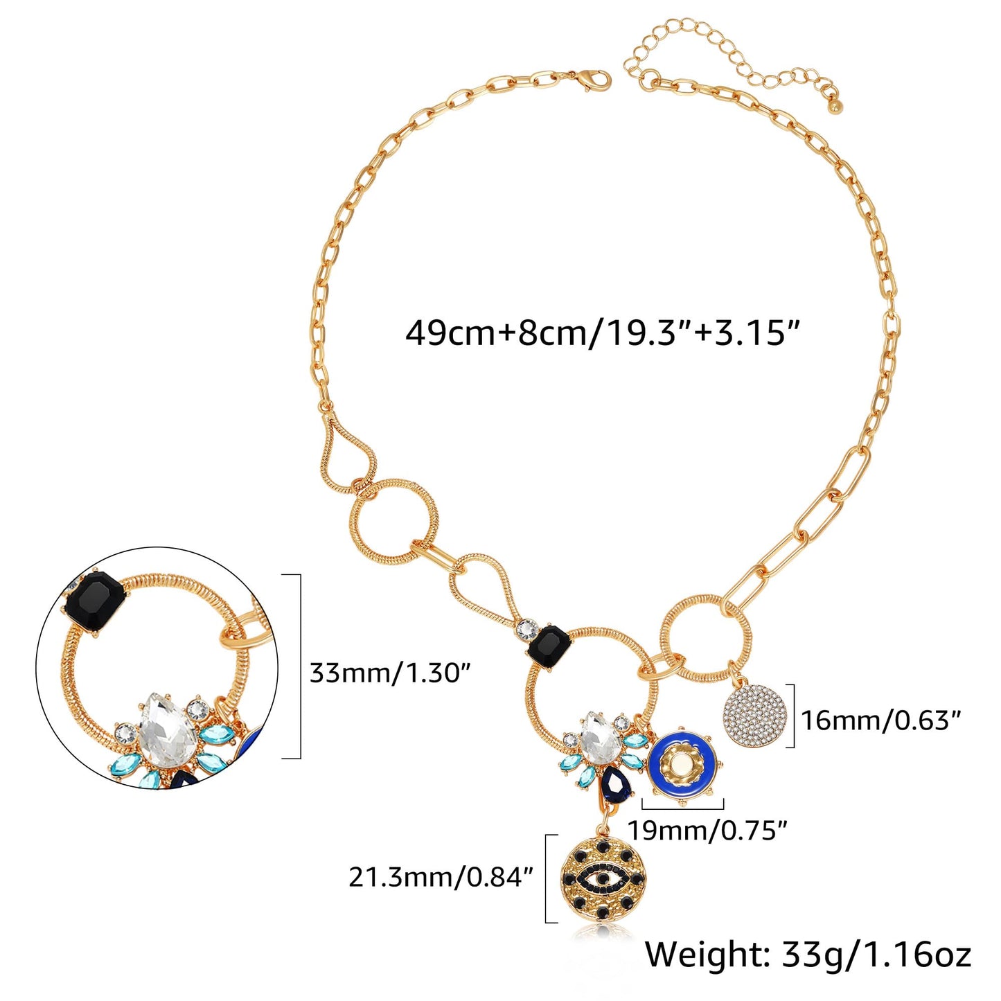 BONJOULRY Charm Necklace for Women Gold Evil Eye Sun Coin Lucky Chunky Charm Pendant Necklace Vintage Paperclip Chain Necklace Jewelry Flower Third Eye