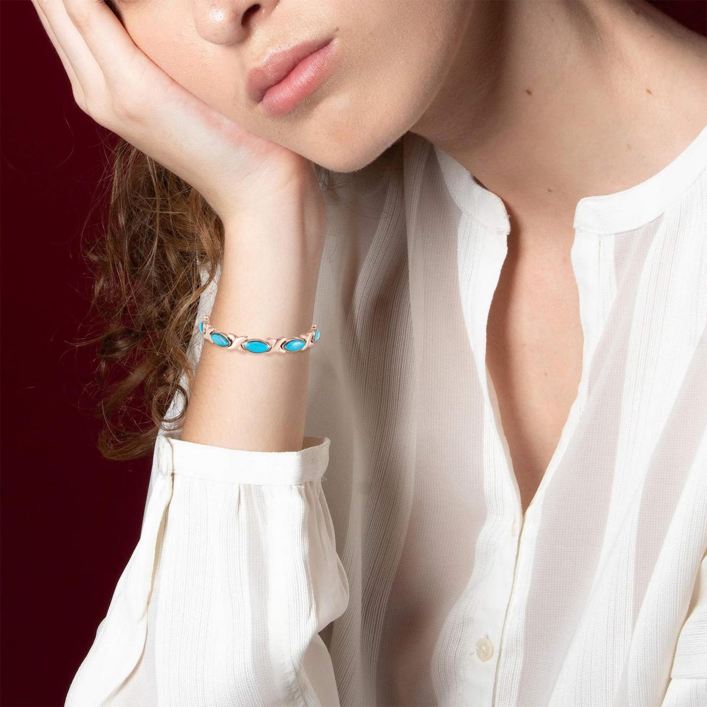 MagSølv Magnetic Bracelets for Women, Stainless Steel Magnet Bracelet with Inlaid with 3500 Gauss Magnets and Turquoise, Adjustable