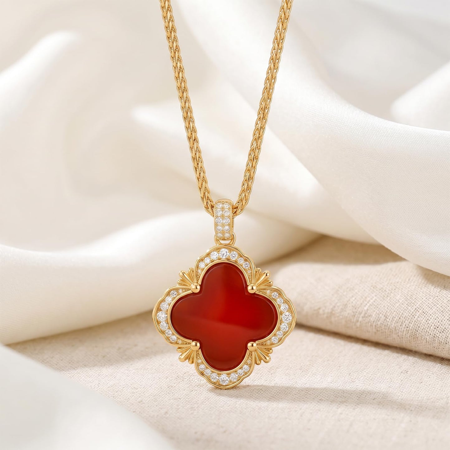 Tessalyn Four Leaf Clover Necklace for Women Gold Plated Lucky Red Agate Pendant with Sparkling Zirconia Elegant Jewelry for Daily Wear and Parties Gift Box Included