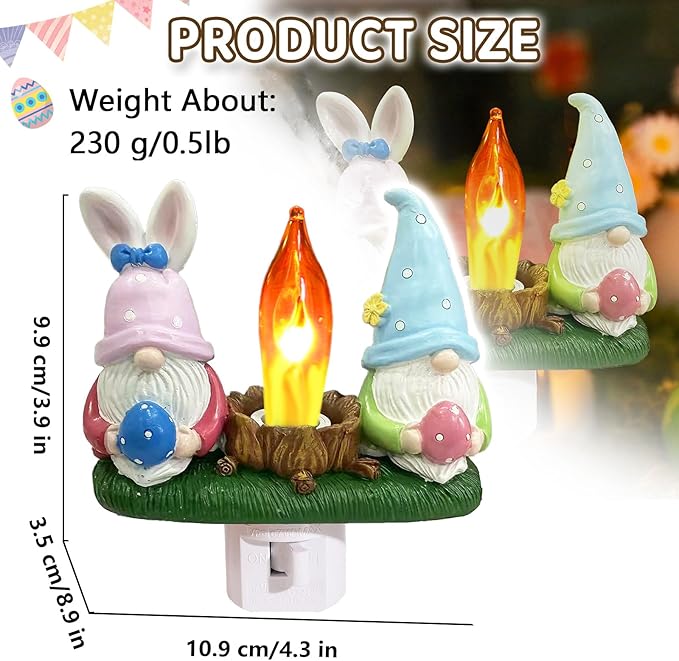 Gnome Campfire Flickering Nightlight, Easter Night Light Plug Into Wall with Switch, Gnomes LED Lamp for Spring Hallway Stair Bedroom Easter Decoration