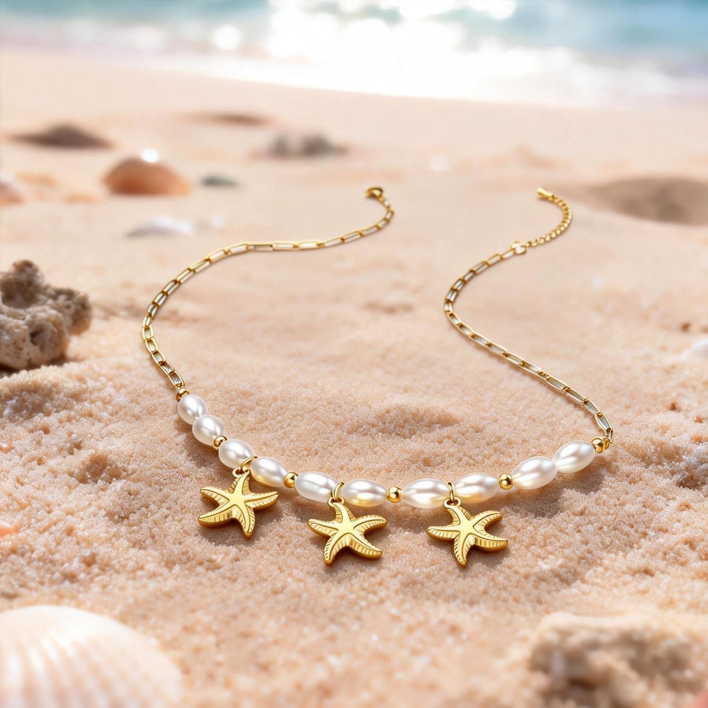 Starfish Necklace for Women: 14K Gold Plated 3-Piece Pendant with 10 Simulated Pearls on Stainless Steel Chain | Cute Boho Beach Jewelry Gift for Summer (Gold)