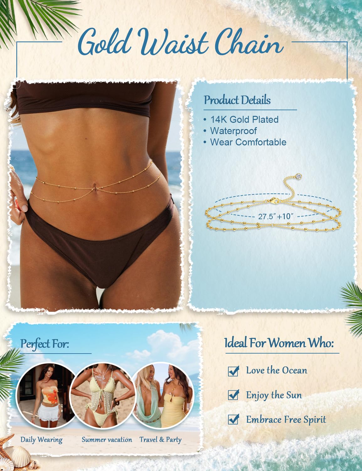 HEVOCY Gold Waist Chain for Women, Trendy Layered Belly Chain Jewelry, Adjustable Body Chain for Beach & Summer Outfit