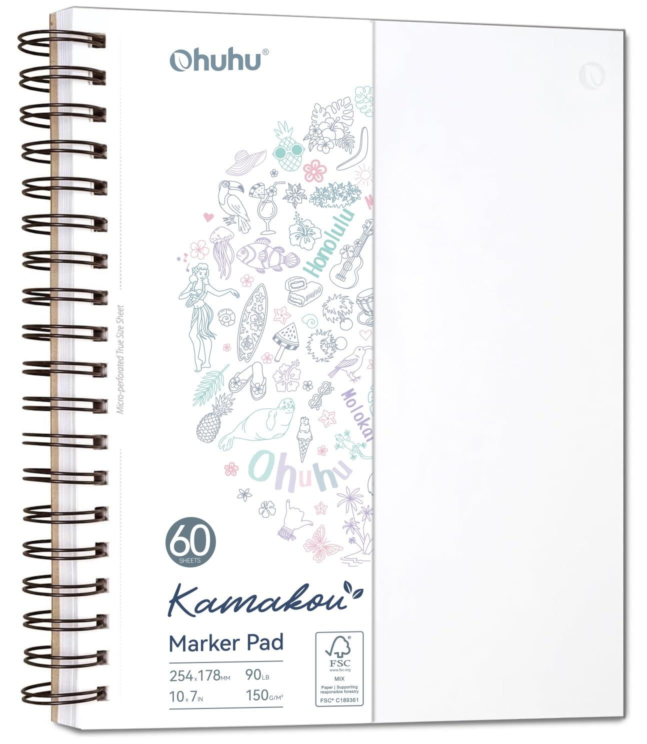 Ohuhu Double-Sided Marker Pad Art Sketchbook Bleedproof - 7"x10" Large Paper Size - 90 lb/150 gsm Smooth Drawing Paper - 60 Sheets/120 Pages - Spiral Bound Sketching Book for Alcohol Markers