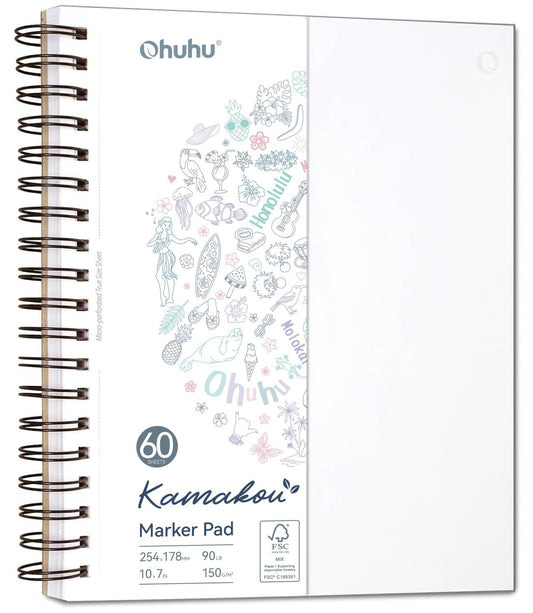 Ohuhu Double-Sided Marker Pad Art Sketchbook Bleedproof - 7"x10" Large Paper Size - 90 lb/150 gsm Smooth Drawing Paper - 60 Sheets/120 Pages - Spiral Bound Sketching Book for Alcohol Markers